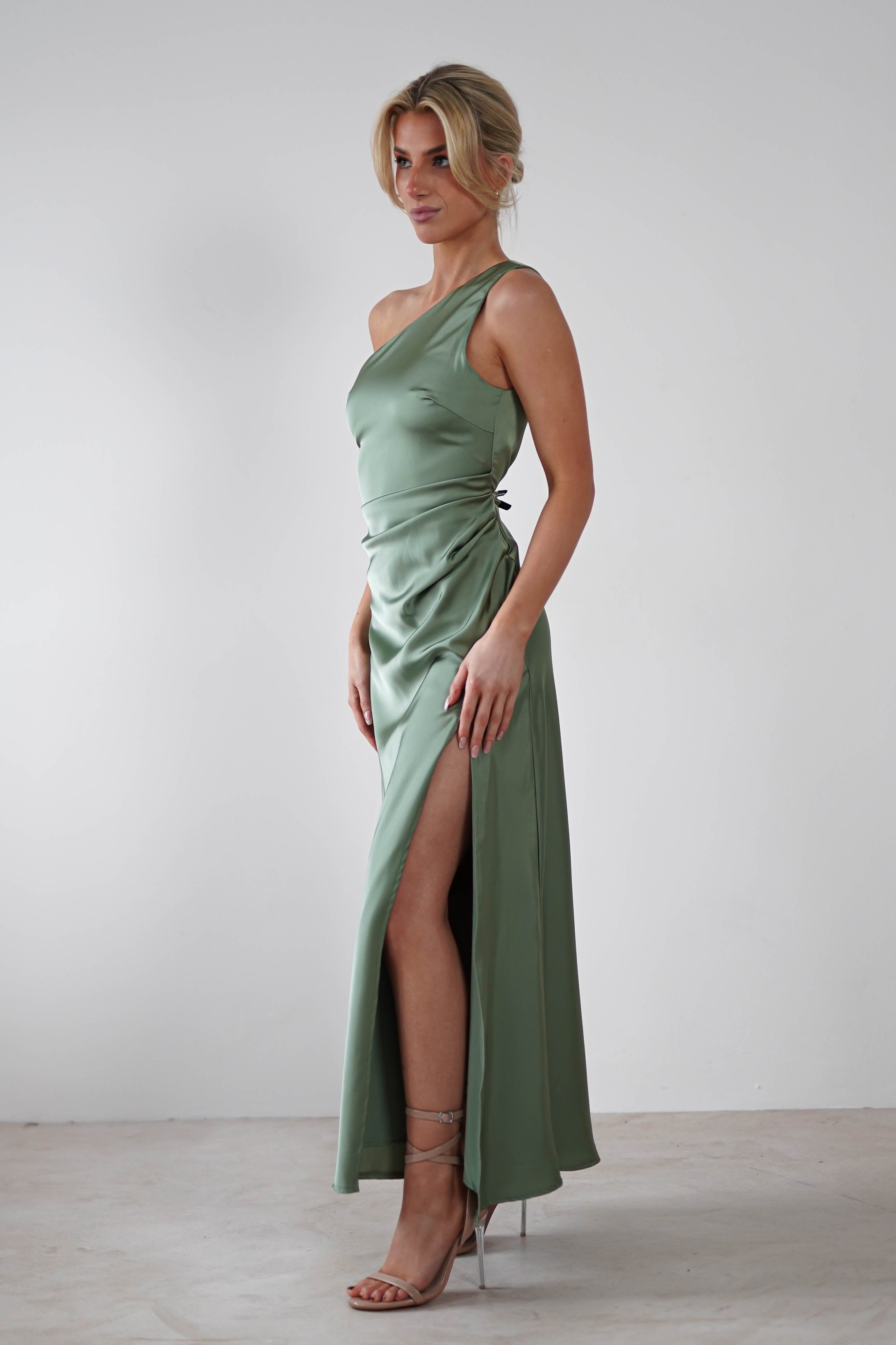 Meera Soft Matte Satin Midaxi Dress Olive | Wedding Guest Dress | Satin | Oh Hello Clothing
