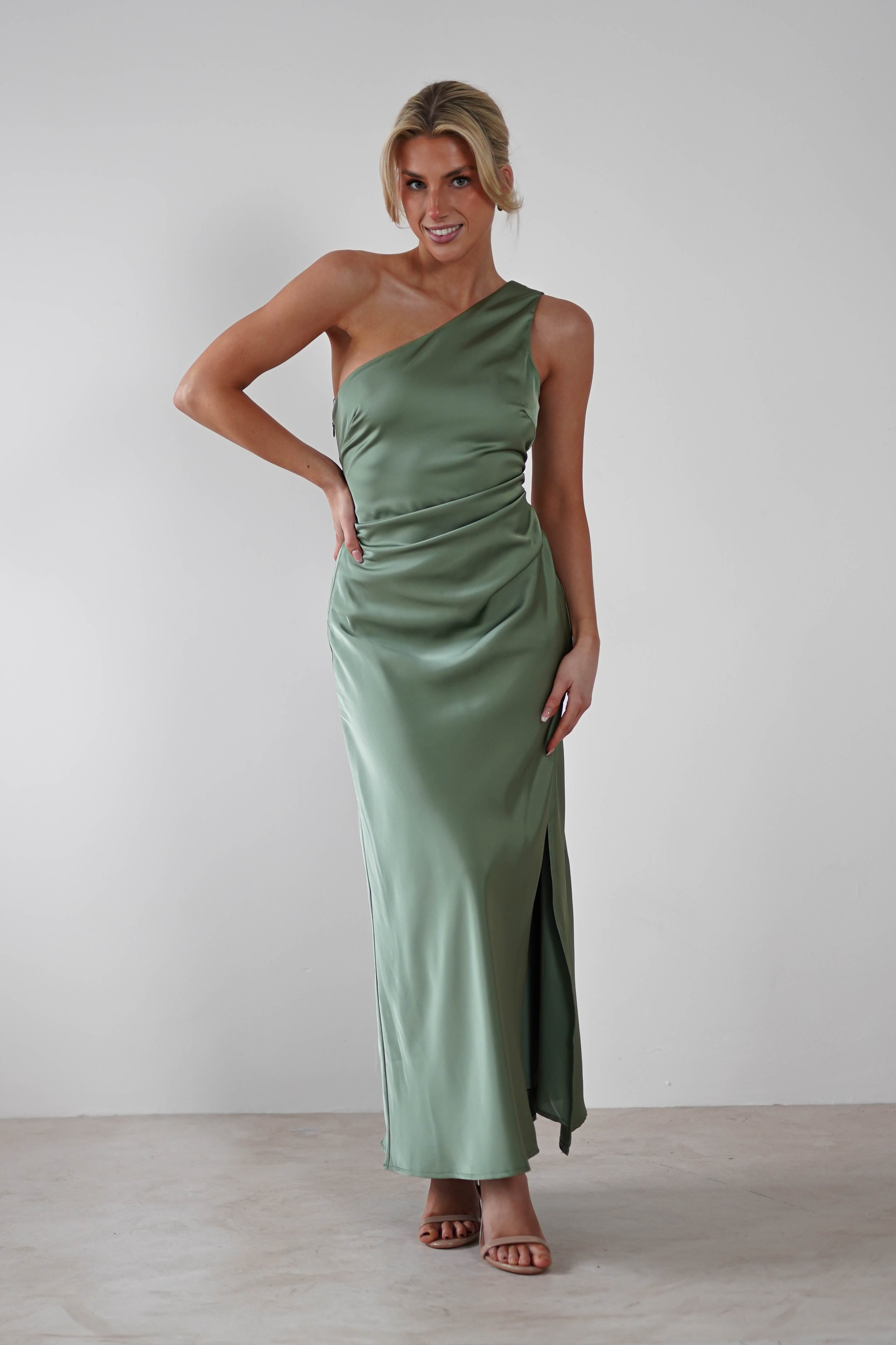 Meera Soft Matte Satin Midaxi Dress Olive | Wedding Guest Dress | Satin | Oh Hello Clothing