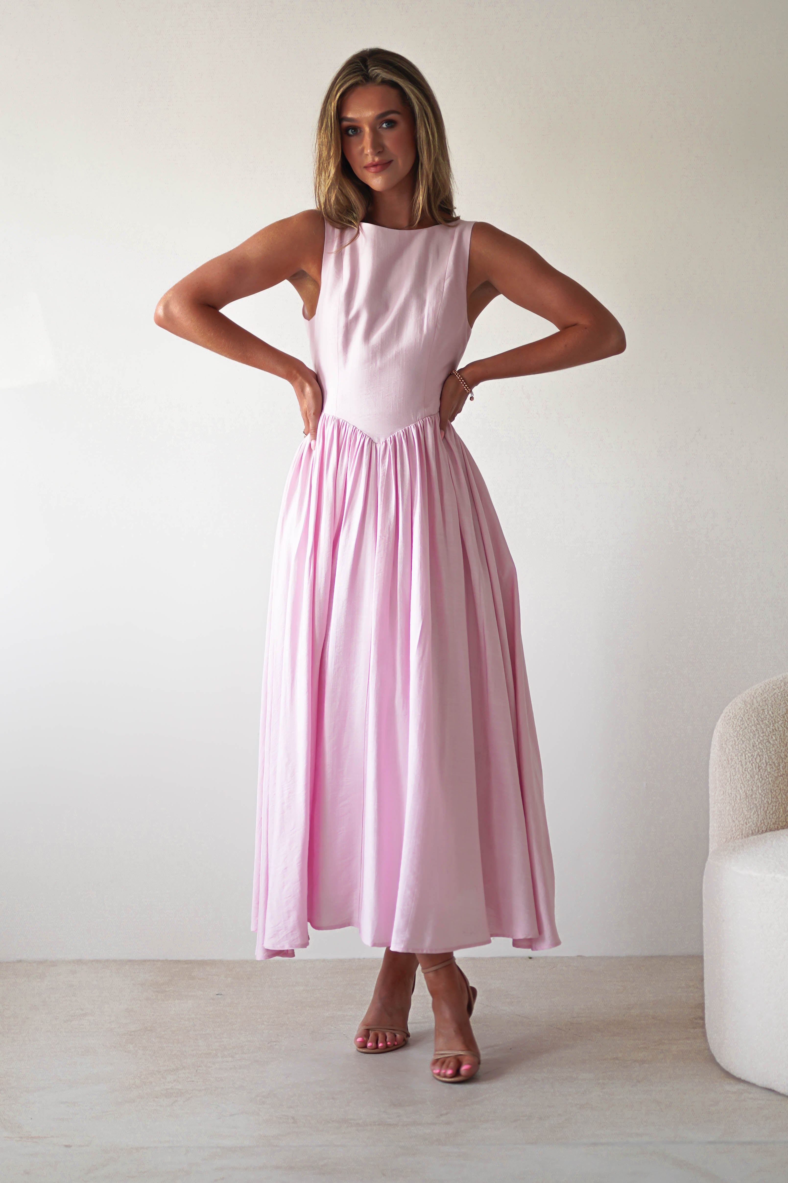 Monroe Skater Midaxi Dress Pink | Wedding Guest Dress | Skater | Oh Hello Clothing
