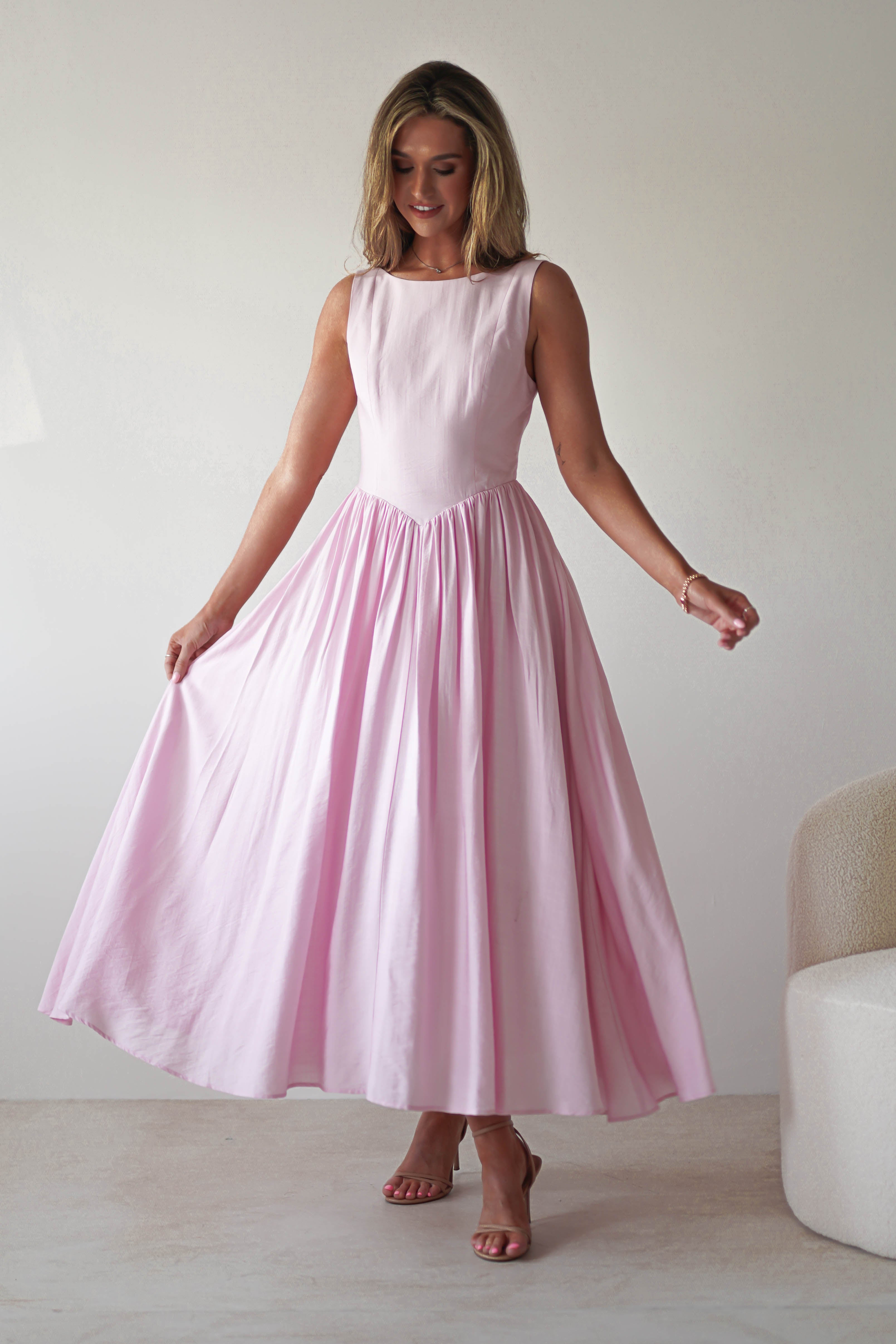 Monroe Skater Midaxi Dress Pink | Wedding Guest Dress | Skater | Oh Hello Clothing