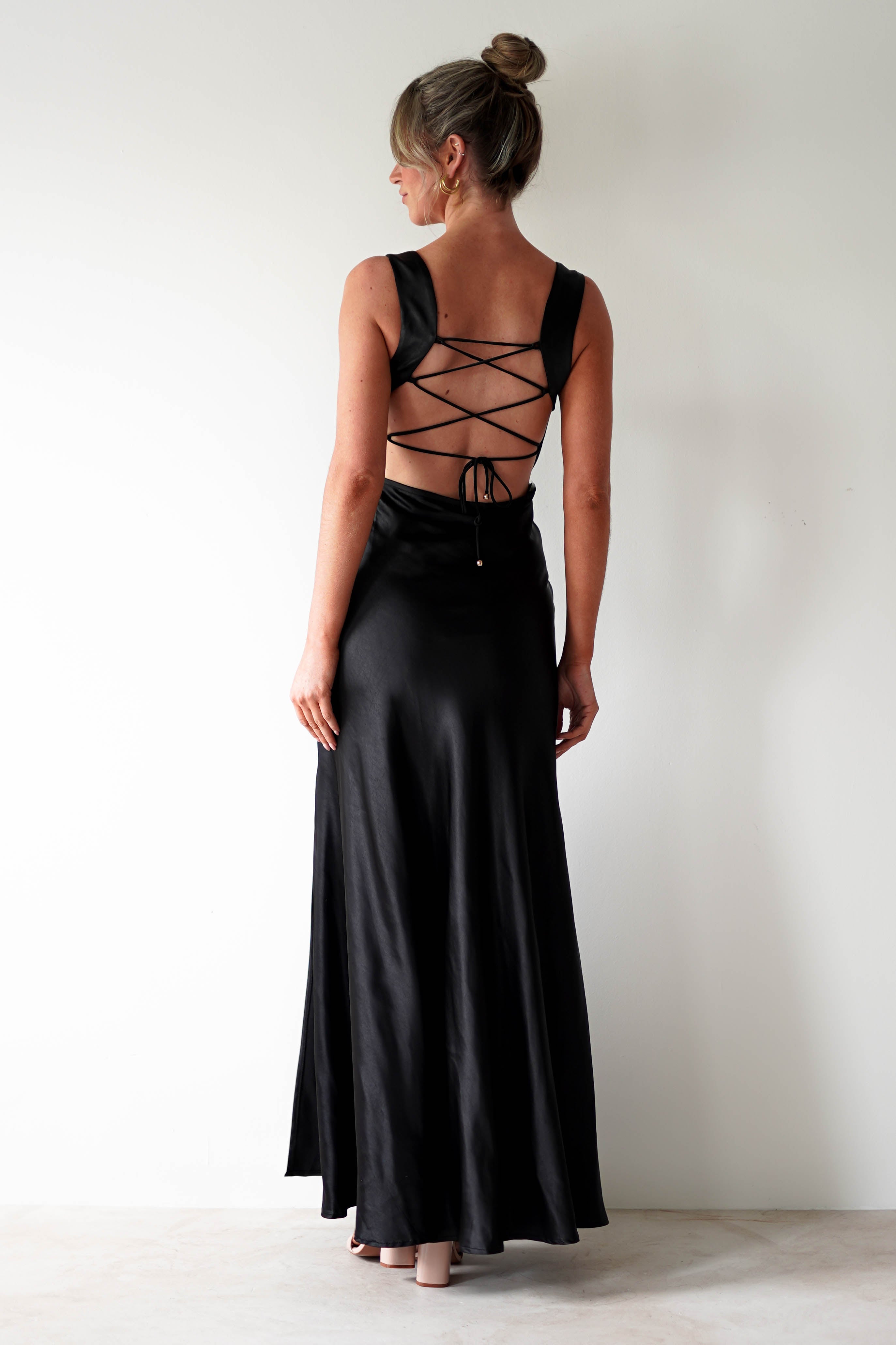 Riviera Soft Satin Maxi Gown | Black | Debs & Prom | Formal Gown | Oh Hello Clothing