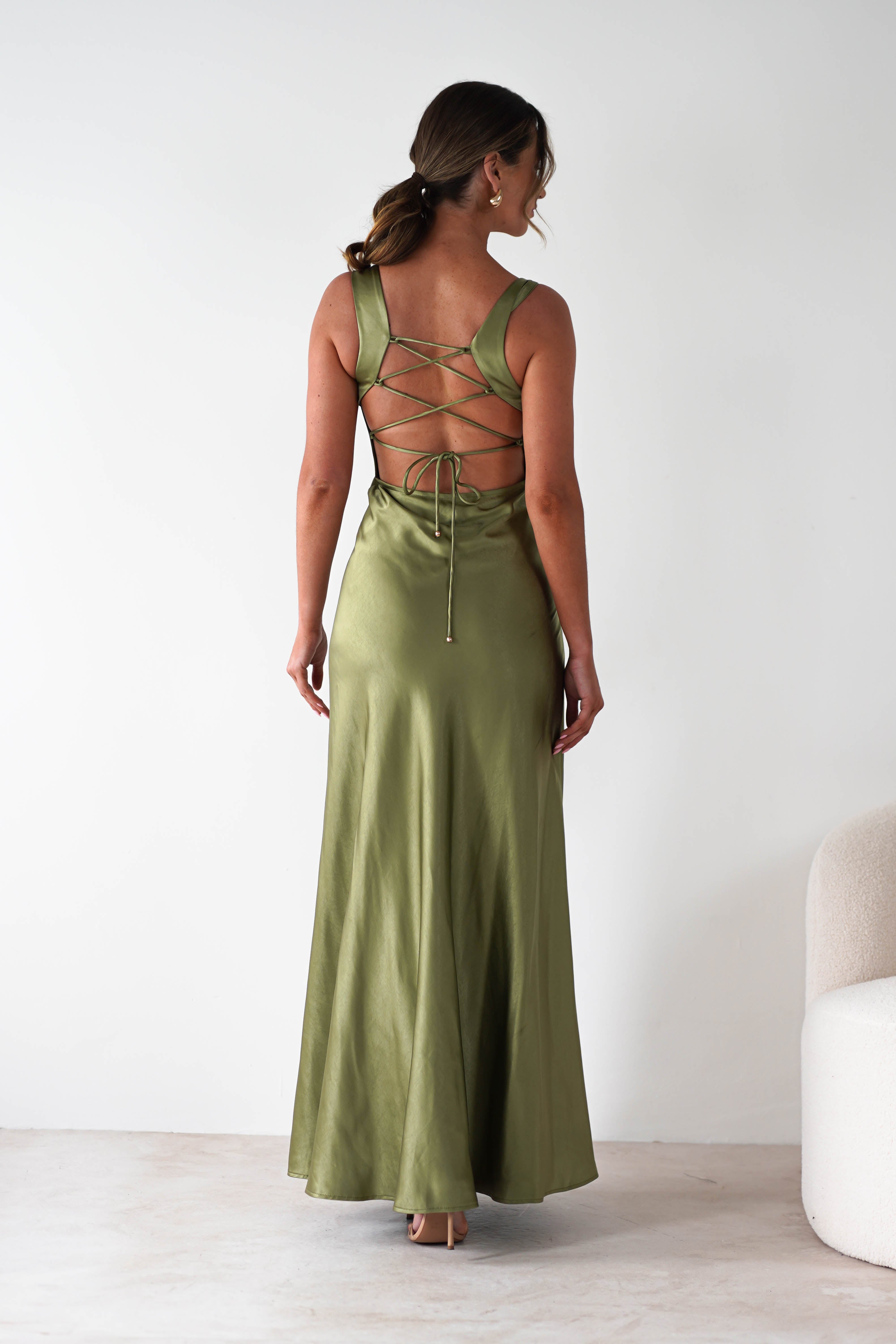 Riviera Soft Satin Maxi Gown | Olive | Debs & Prom | Formal Gown | Oh Hello Clothing
