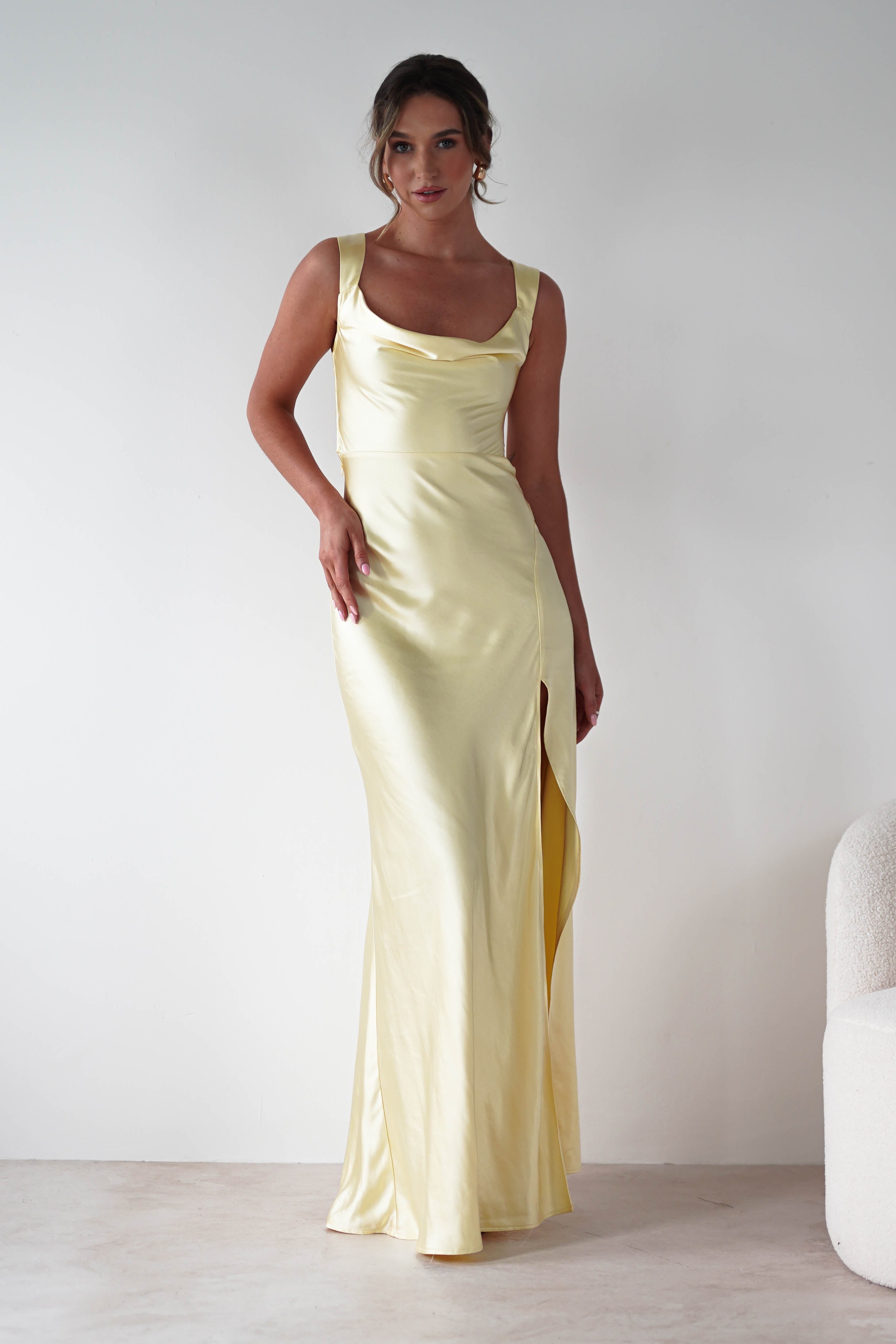 Riviera Soft Satin Maxi Gown | Yellow | Debs & Prom | Formal Gown | Oh Hello Clothing