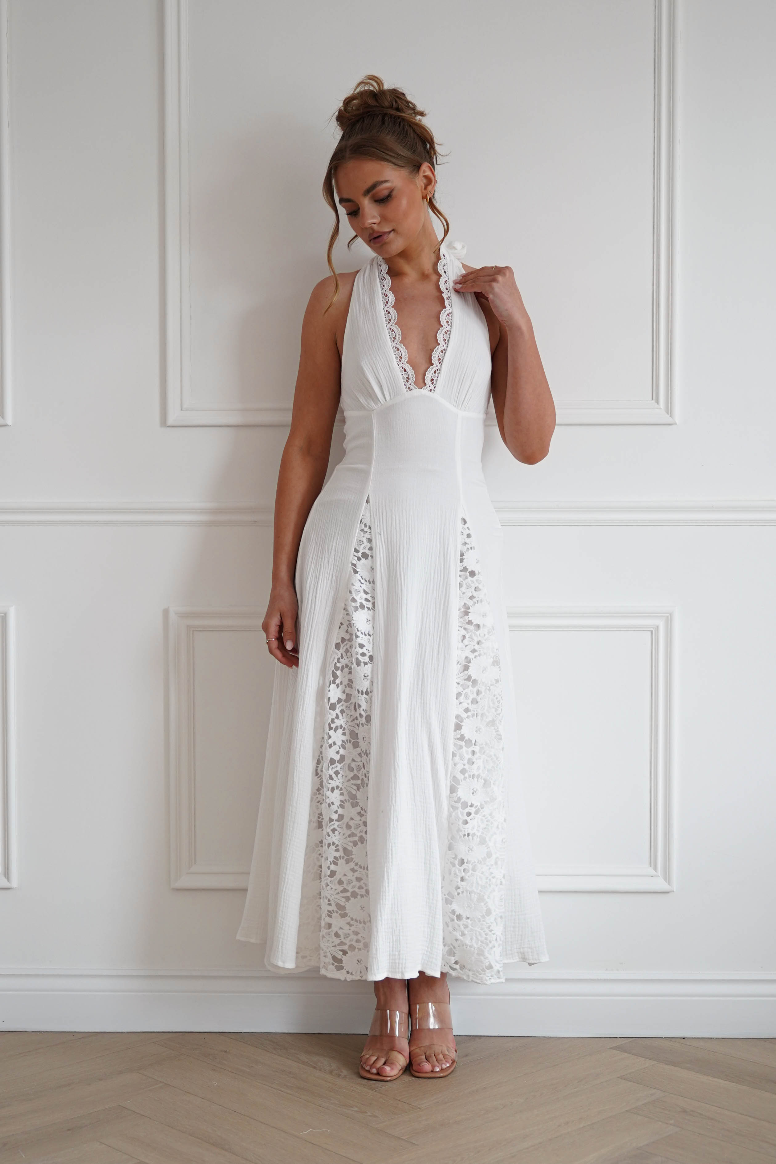Oh Hello Clothing Dresses > Prom Dresses 1*DONE-RT0035D-INDIKAH-White Lace Trim Tie-Back Midi Dress