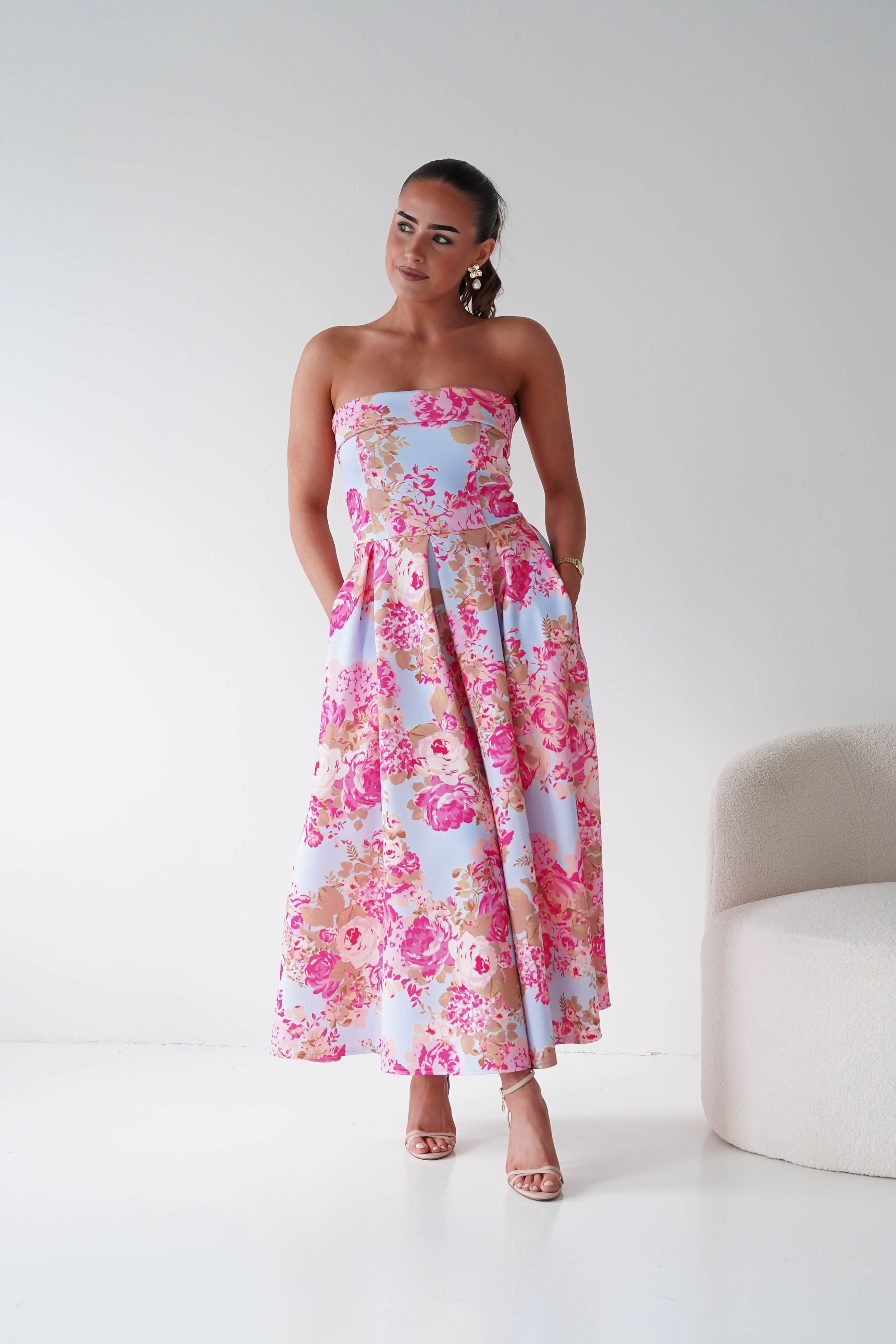 Oh Hello Clothing Women > Clothing > Dresses 1*DONE -S18893- DANNI STRAPLESS MIDI DRESS FLROAL - BLUE