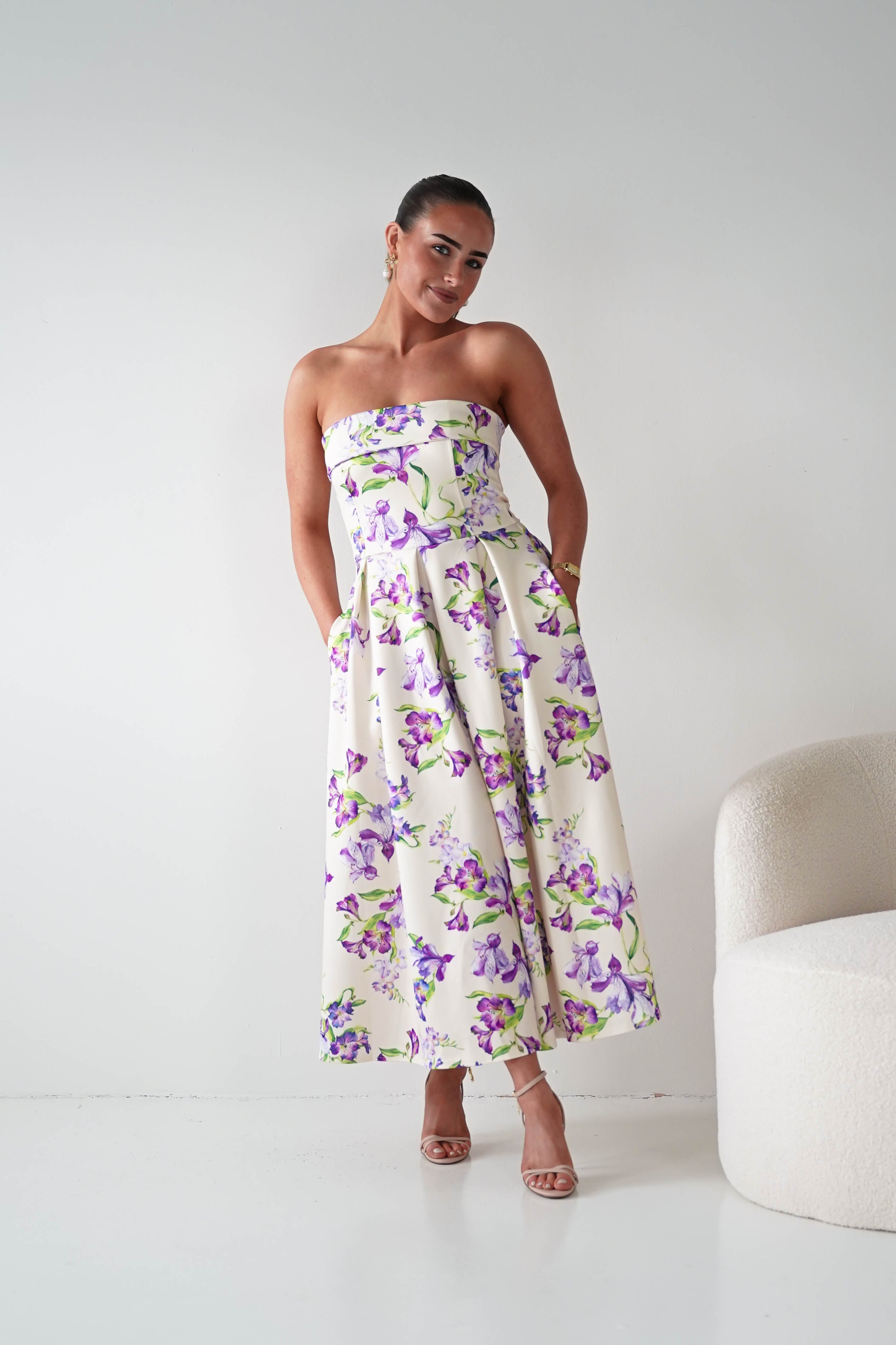 Oh Hello Clothing Women > Clothing > Dresses 1*DONE -S18893- DANNI STRAPLESS MIDI DRESS FLROAL -YELLOW (Copy)