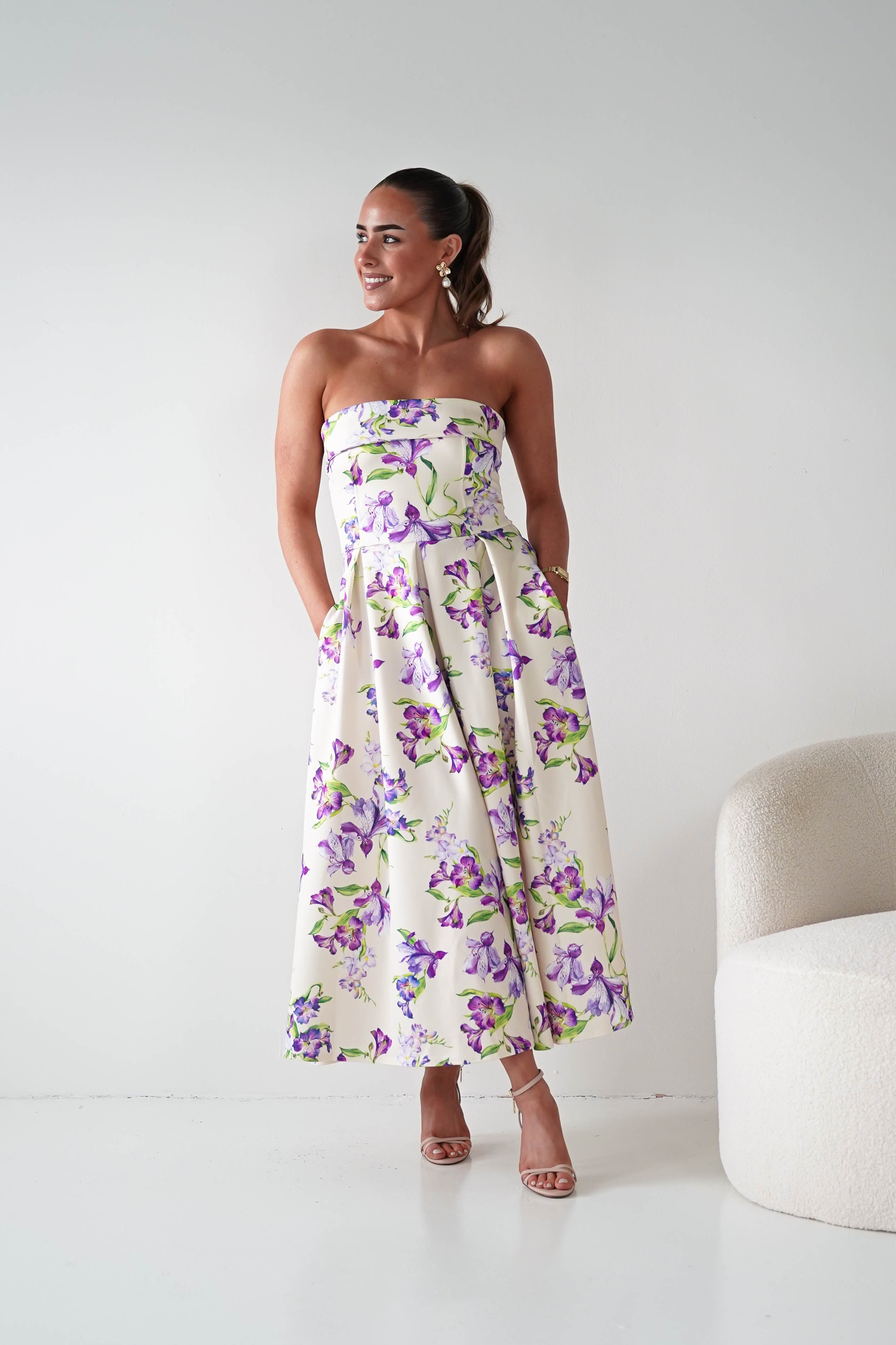 Oh Hello Clothing Women > Clothing > Dresses 1*DONE -S18893- DANNI STRAPLESS MIDI DRESS FLROAL -YELLOW (Copy)