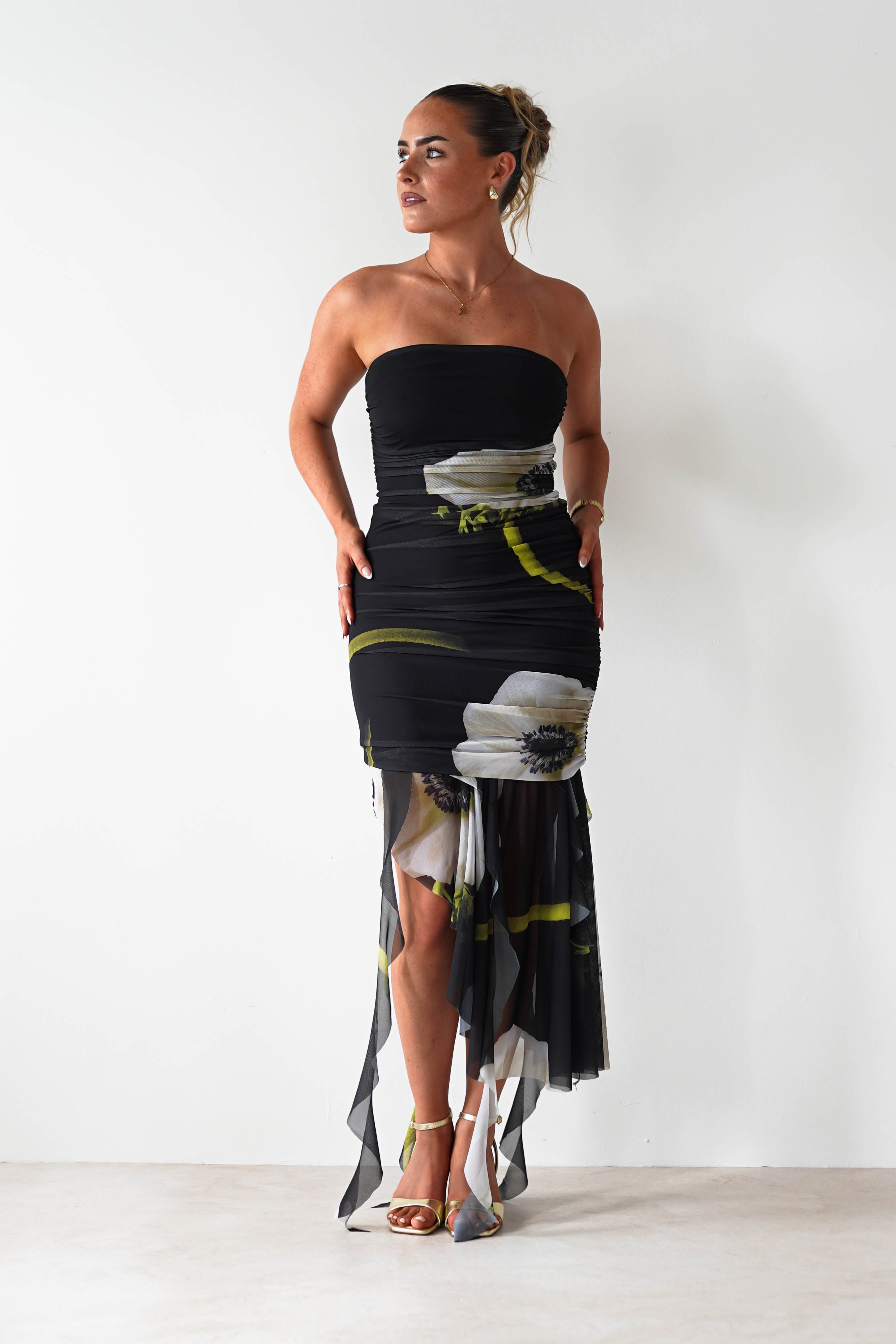 Kristie Strapless Mesh Midi Dress Black | Wedding Guest Dress | Midi | Mesh | Oh Hello Clothing