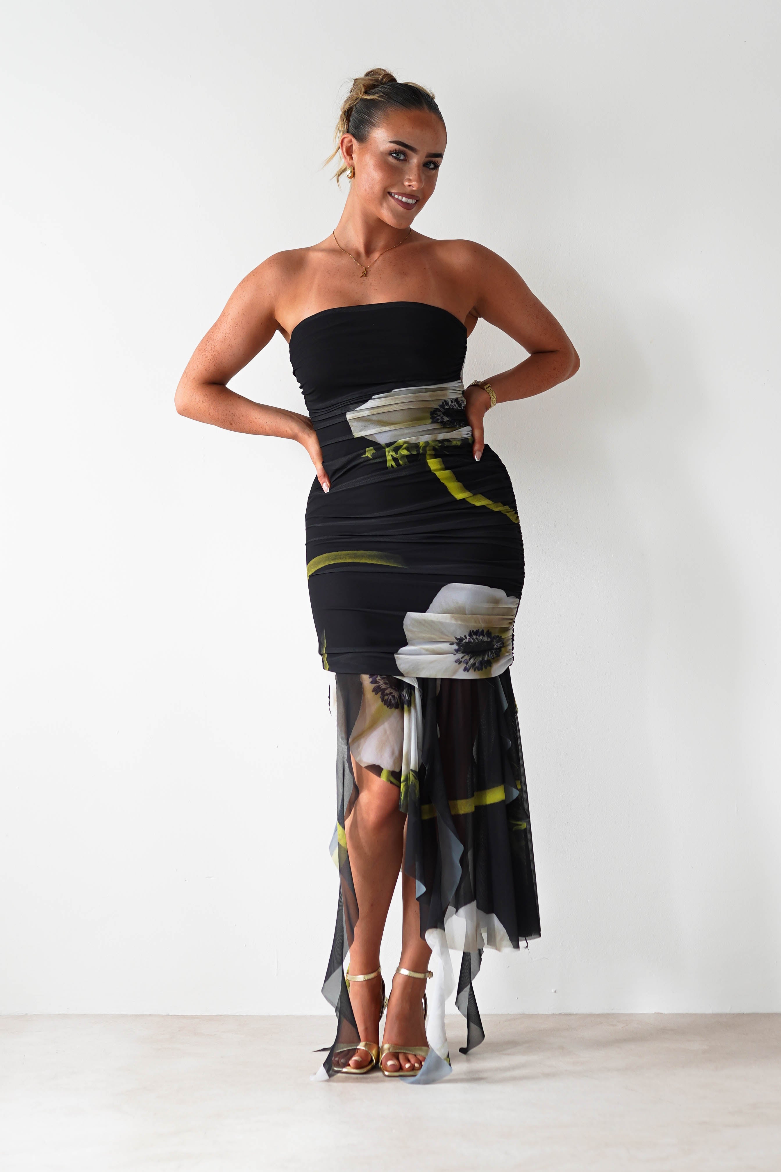 Kristie Strapless Mesh Midi Dress Black | Wedding Guest Dress | Midi | Mesh | Oh Hello Clothing