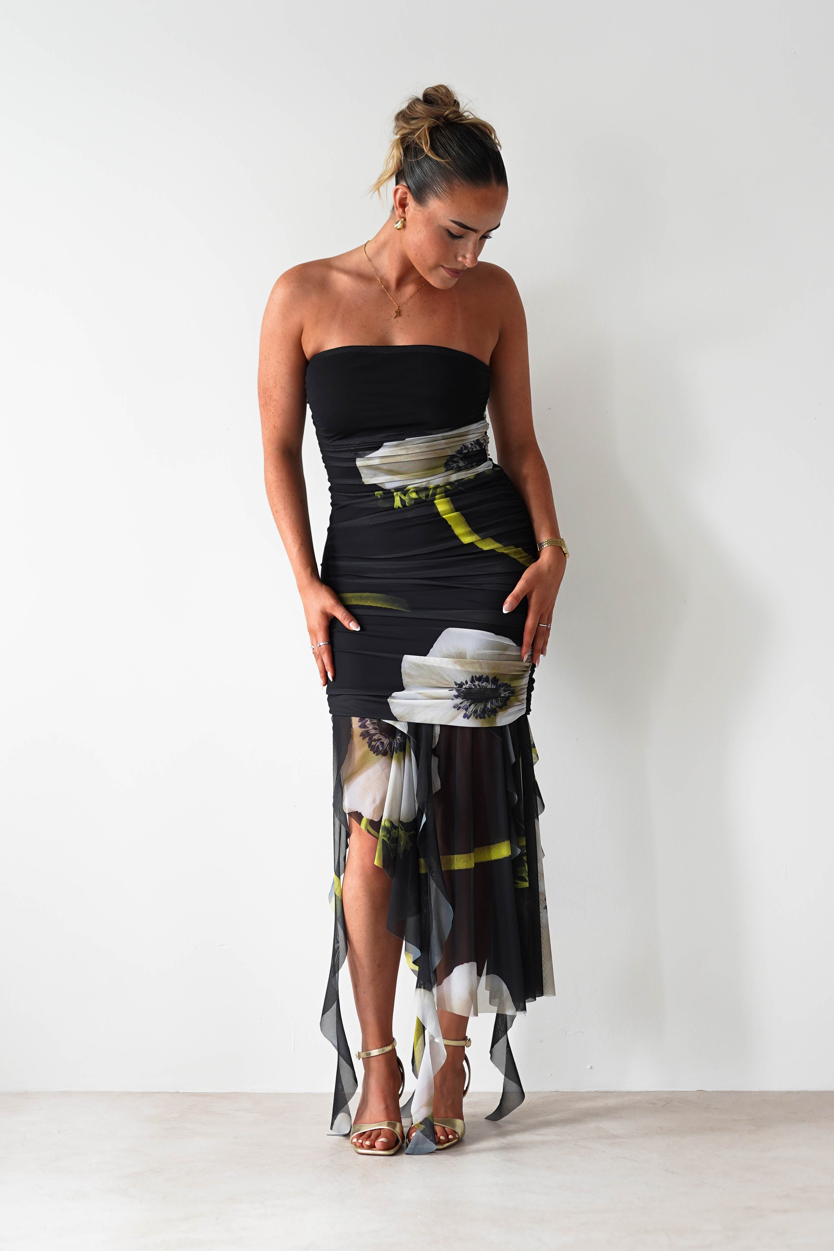 Kristie Strapless Mesh Midi Dress Black | Wedding Guest Dress | Midi | Mesh | Oh Hello Clothing