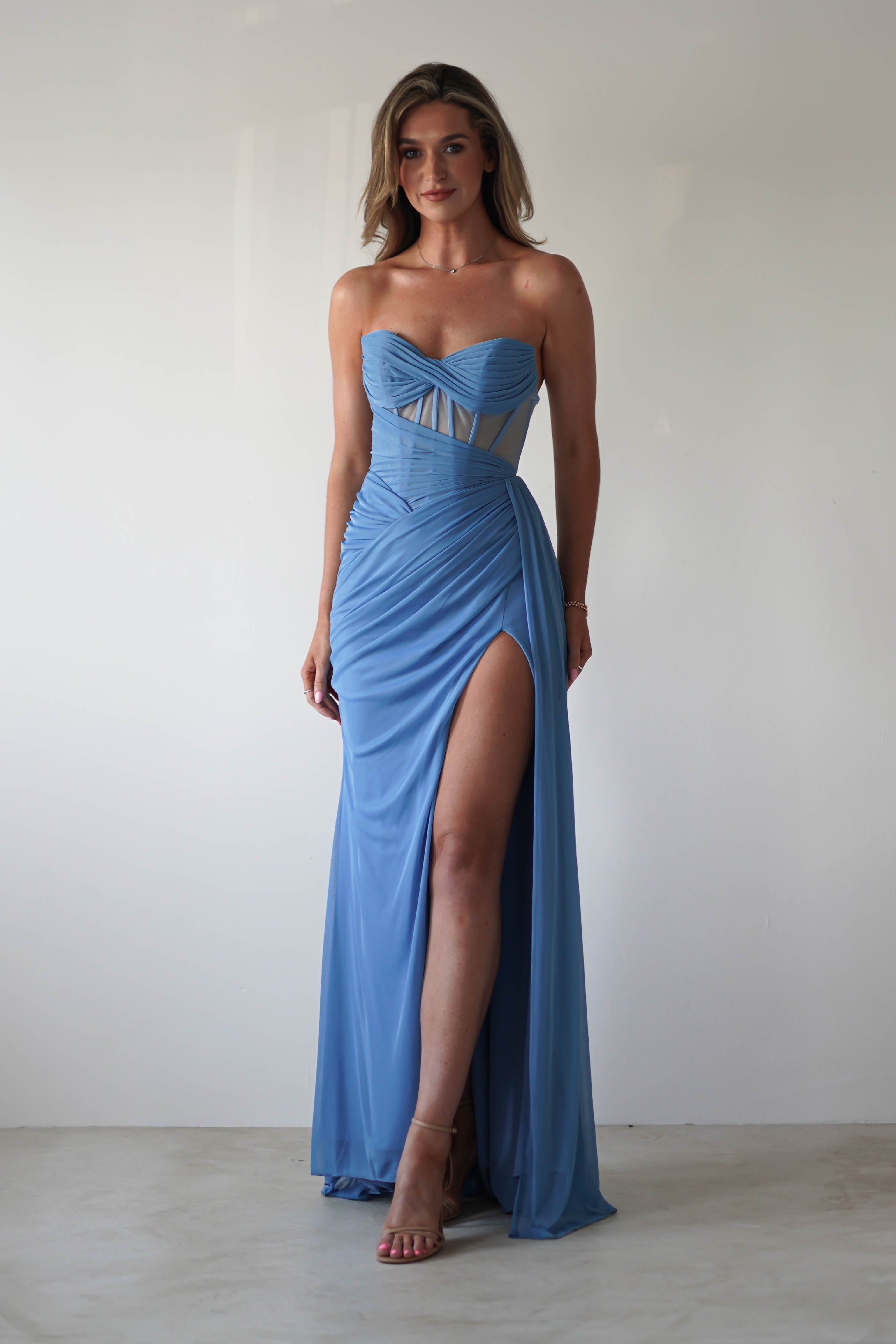 Robyn Draped Fitted Stapless Gown | Blue | Debs & Prom | Formal Gown | Oh Hello Clothing
