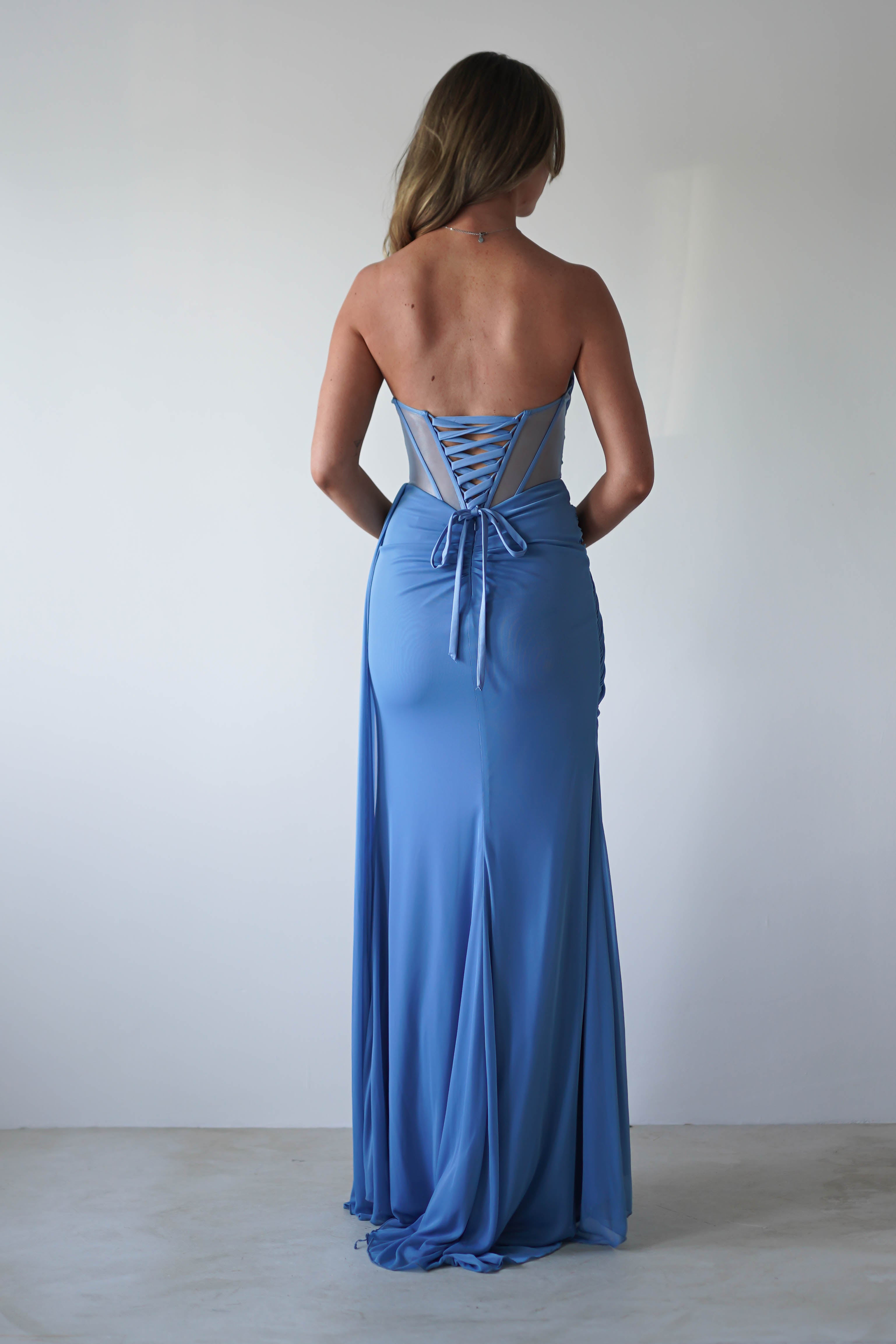 Robyn Draped Fitted Stapless Gown | Blue | Debs & Prom | Formal Gown | Oh Hello Clothing