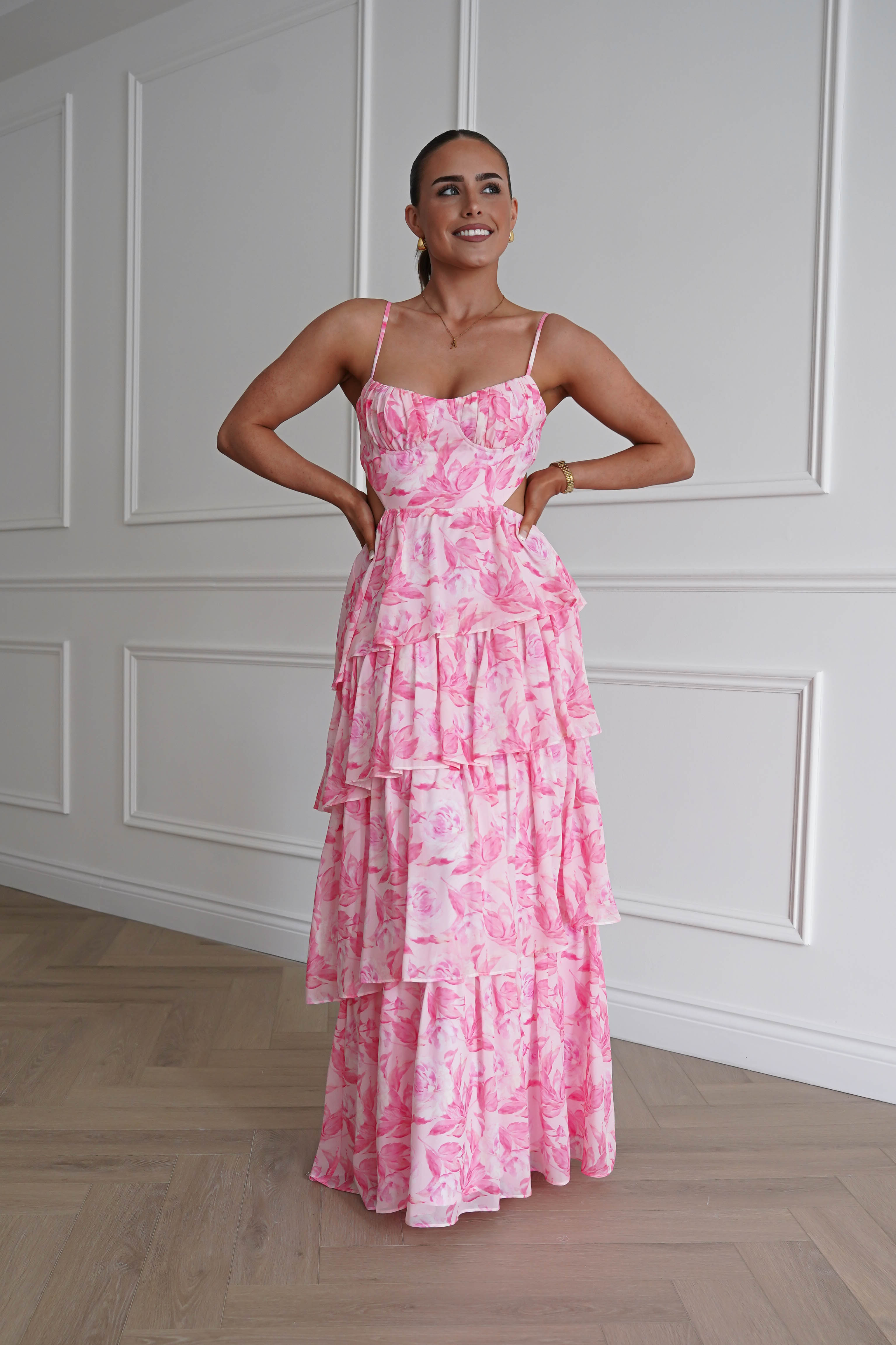 Oh Hello Clothing Women > Clothing > Dresses 1* DONE - SAMPLE- SAME STYLE AS Elouise Floral Tiered Maxi Dress PINK
