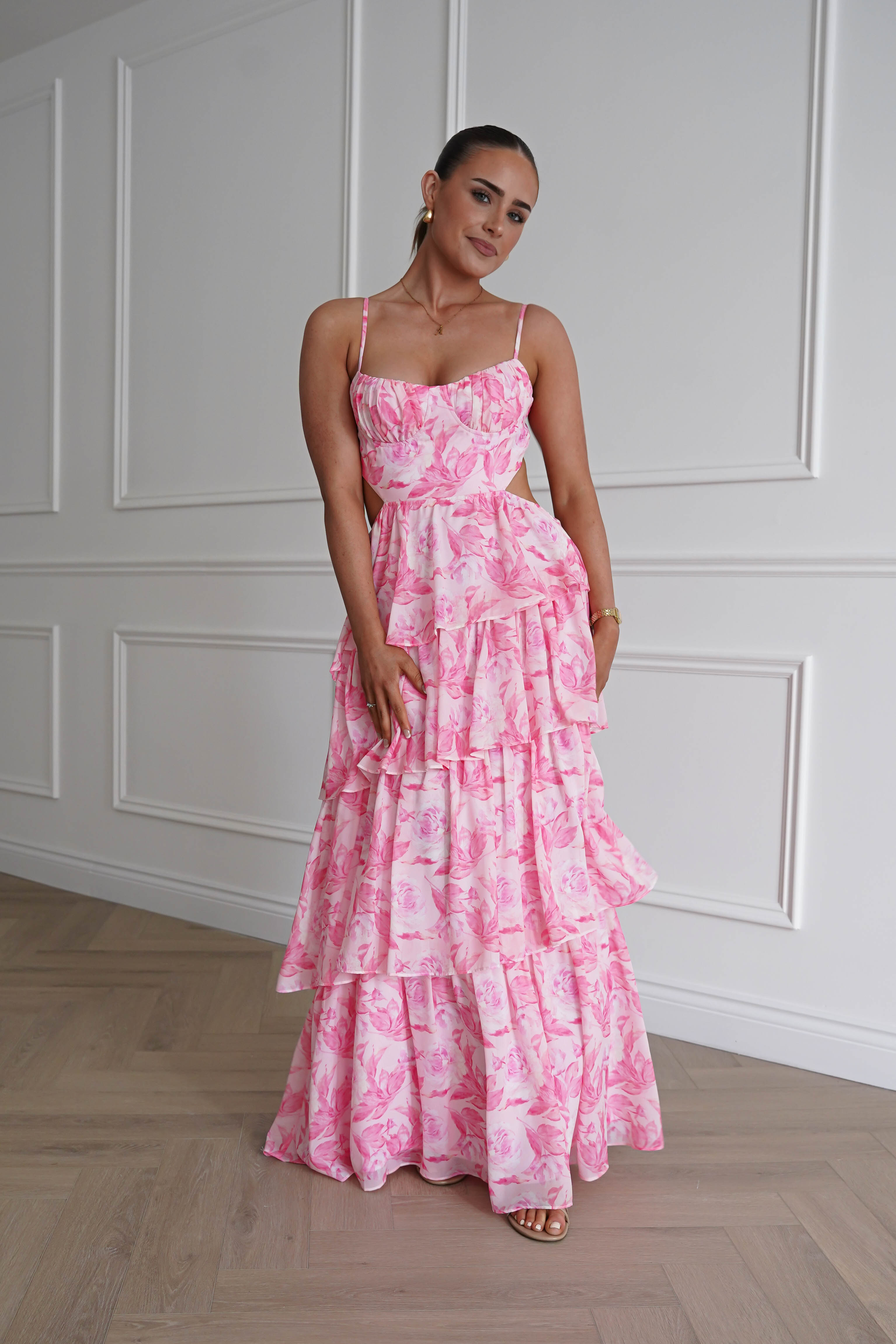 Oh Hello Clothing Women > Clothing > Dresses 1* DONE - SAMPLE- SAME STYLE AS Elouise Floral Tiered Maxi Dress PINK