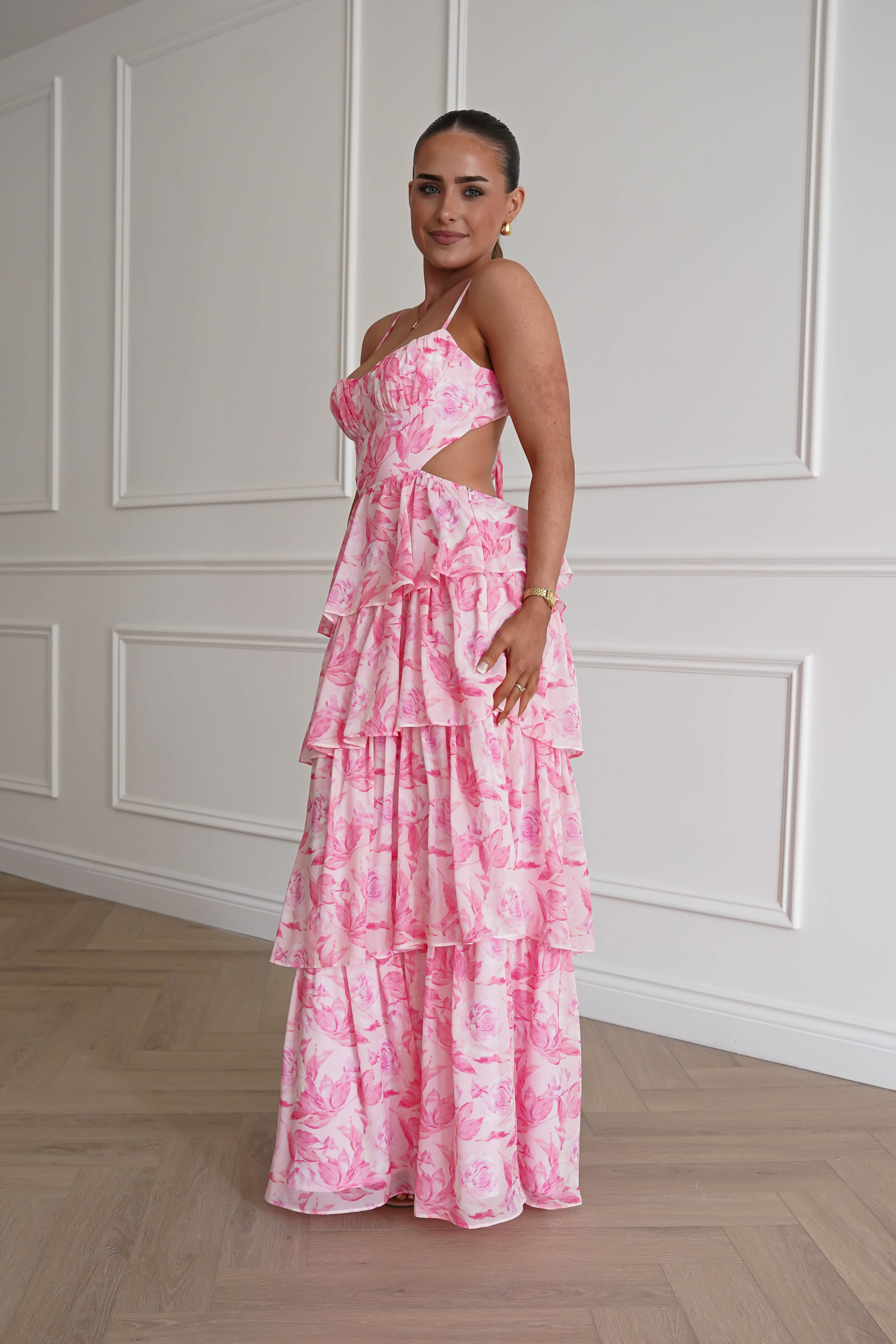 Oh Hello Clothing Women > Clothing > Dresses 1* DONE - SAMPLE- SAME STYLE AS Elouise Floral Tiered Maxi Dress PINK