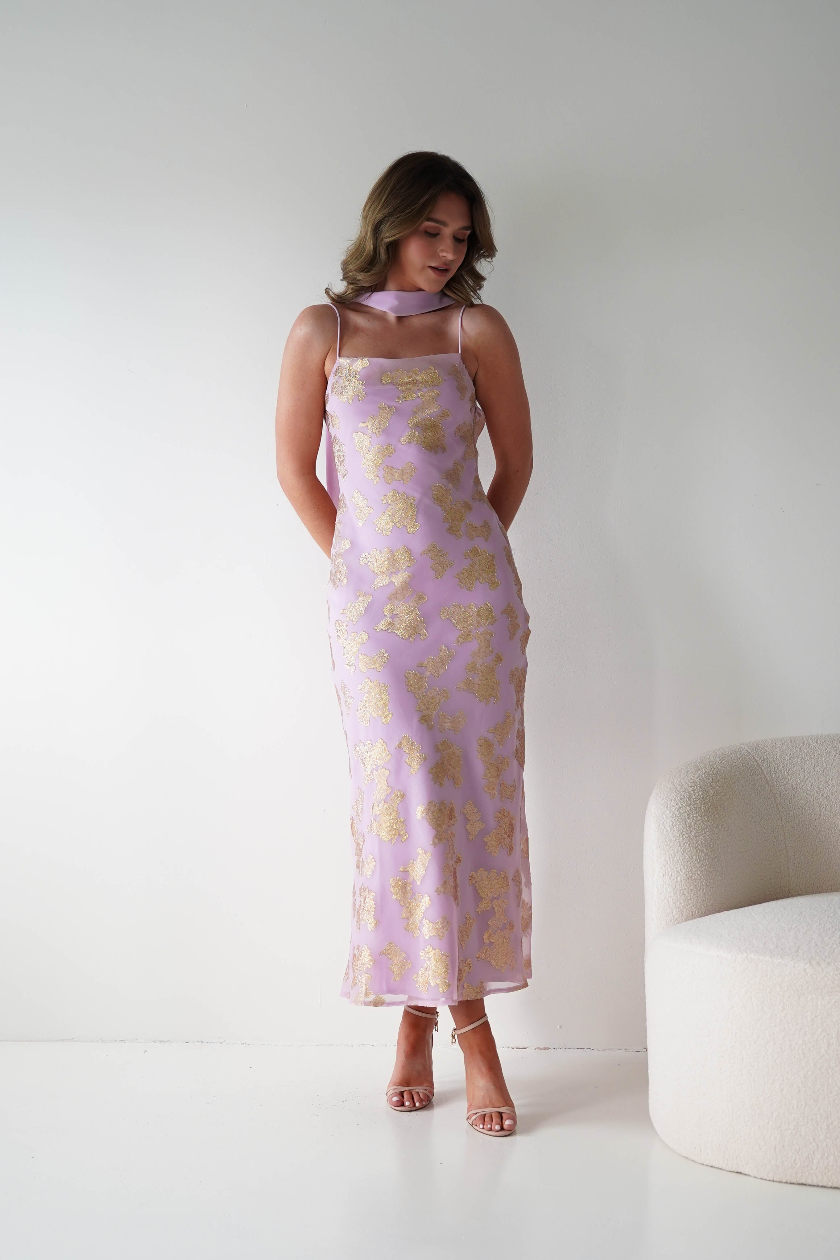 Oh Hello Clothing Women > Clothing > Dresses 1*DONE -SASHA-64623D11-Pink & Gold Maxi Dress with Matching Scarf