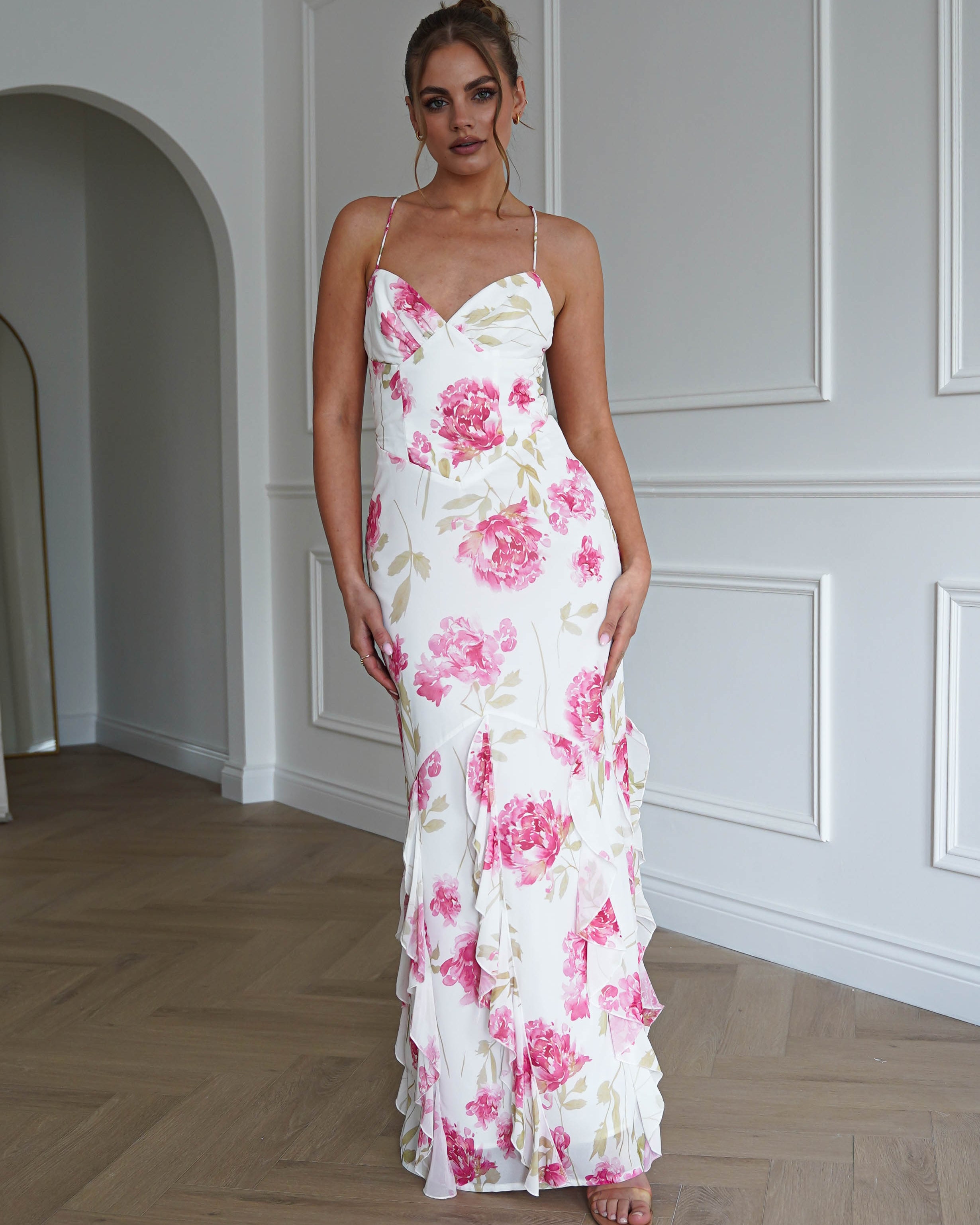 Oh Hello Clothing Dresses > Prom Dresses 1*DONE-SASHA-64930D01- WHITE/ Pink Floral Ruffle Hem Midi Dress
