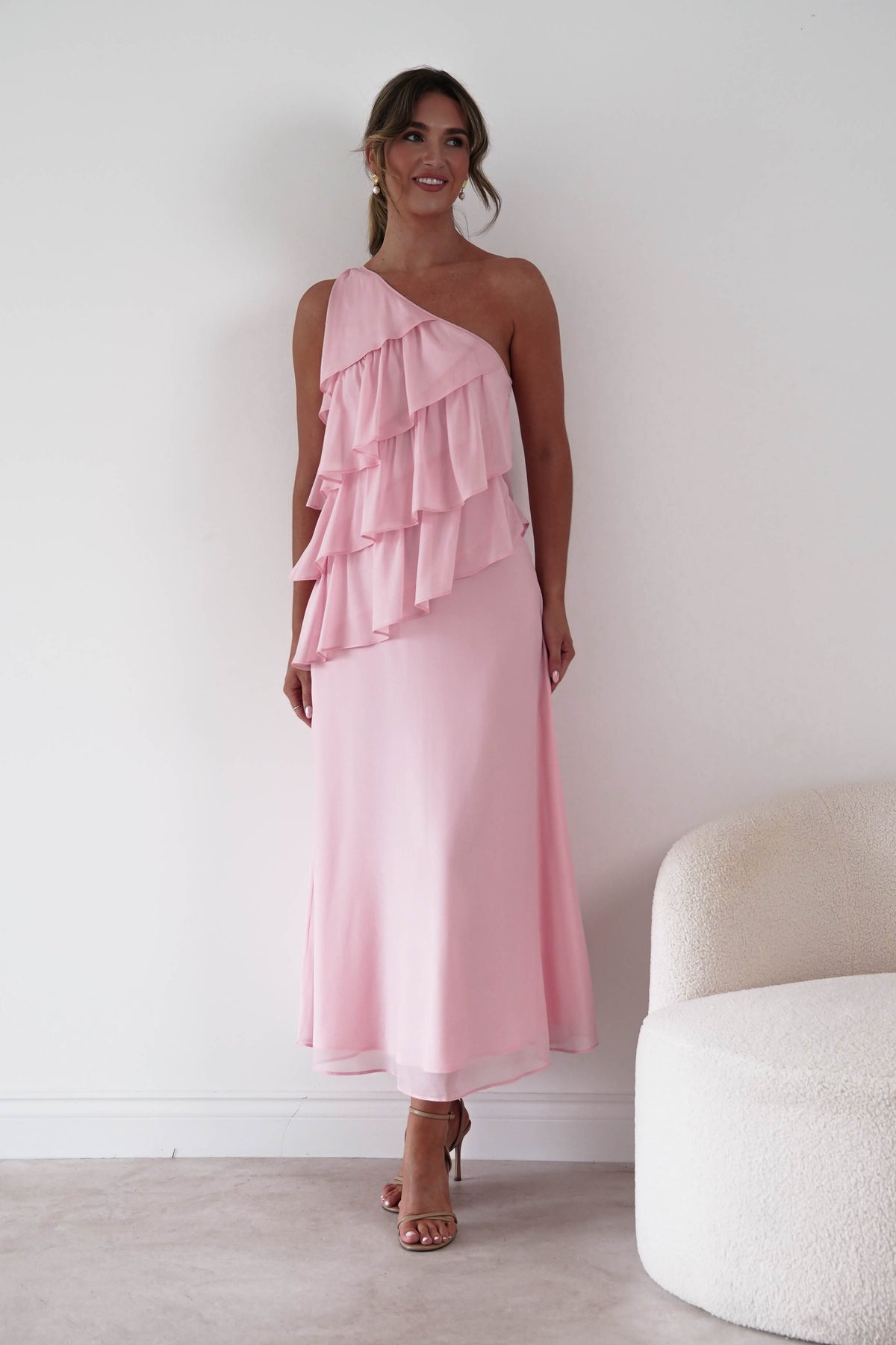 Oh Hello Clothing Women > Clothing > Dresses 1*DONE*SASHA-A65183D-Pink Asymmetric Ruffle Maxi Dress