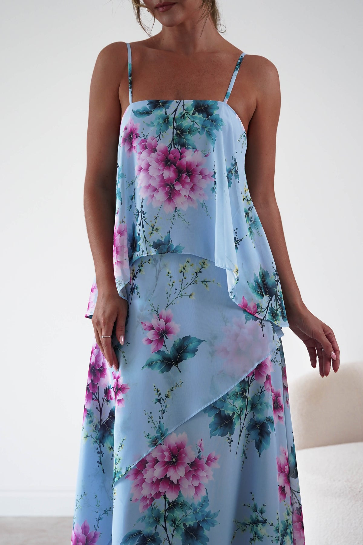 Oh Hello Clothing Women > Clothing > Dresses 1*DONE*SASHA-S65193F-Blue Floral Layered Chiffon Maxi Dress
