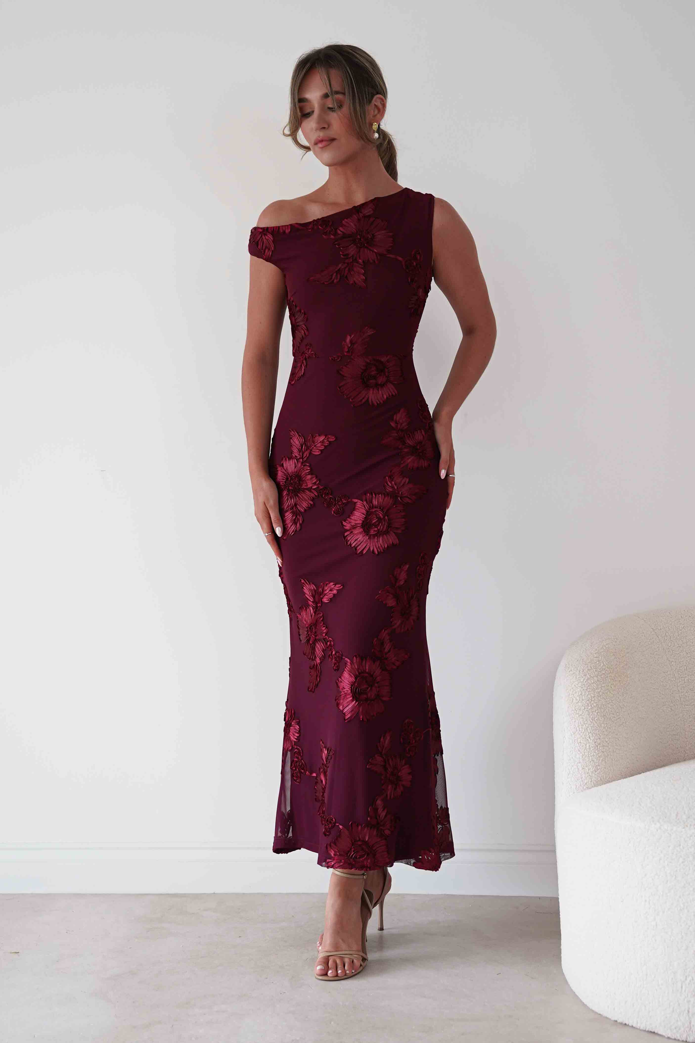 Oh Hello Clothing Women > Clothing > Dresses 1*DONE-SASHA-Wine Floral Appliqué Cowl Neck Maxi Dress