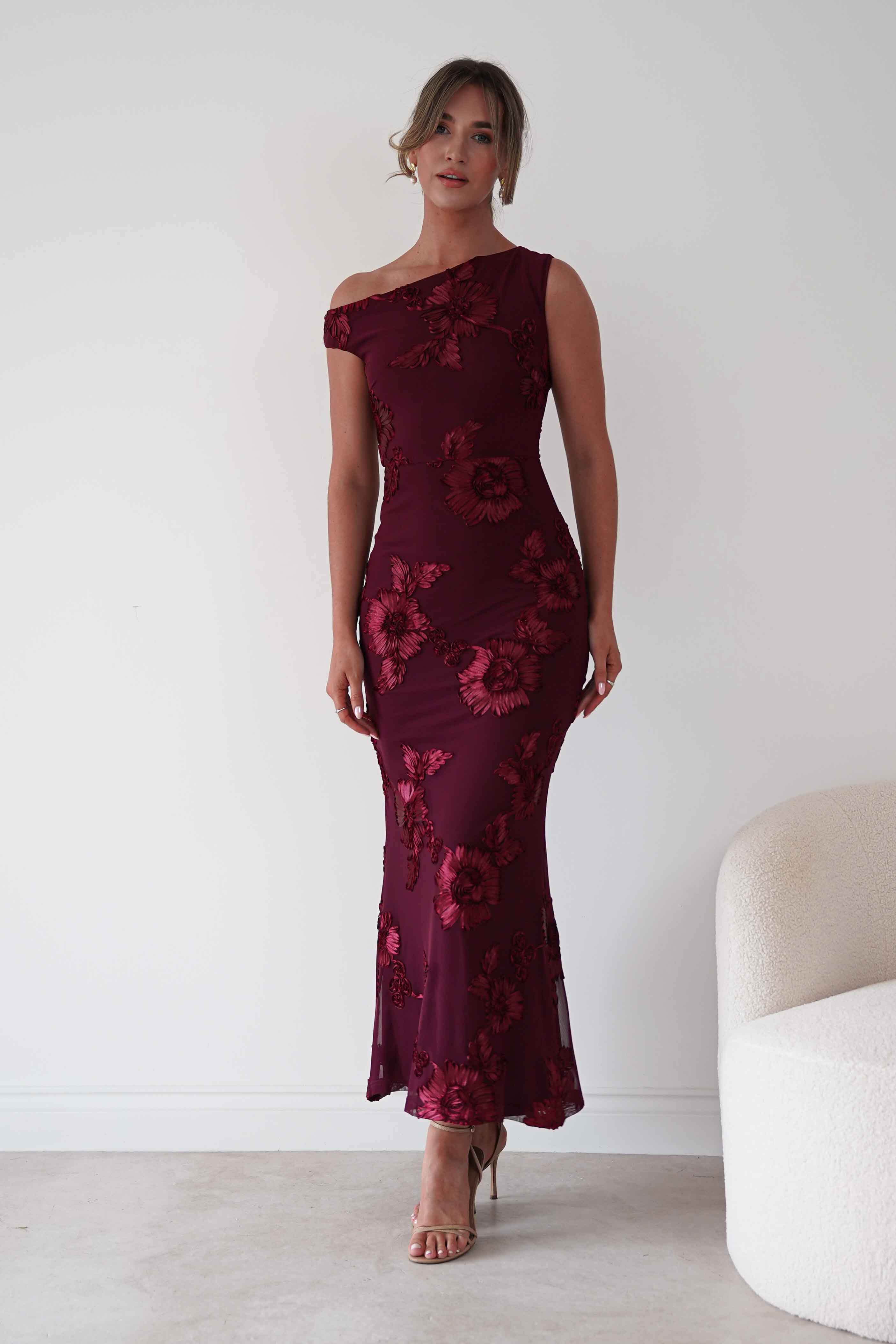 Oh Hello Clothing Women > Clothing > Dresses 1*DONE-SASHA-Wine Floral Appliqué Cowl Neck Maxi Dress
