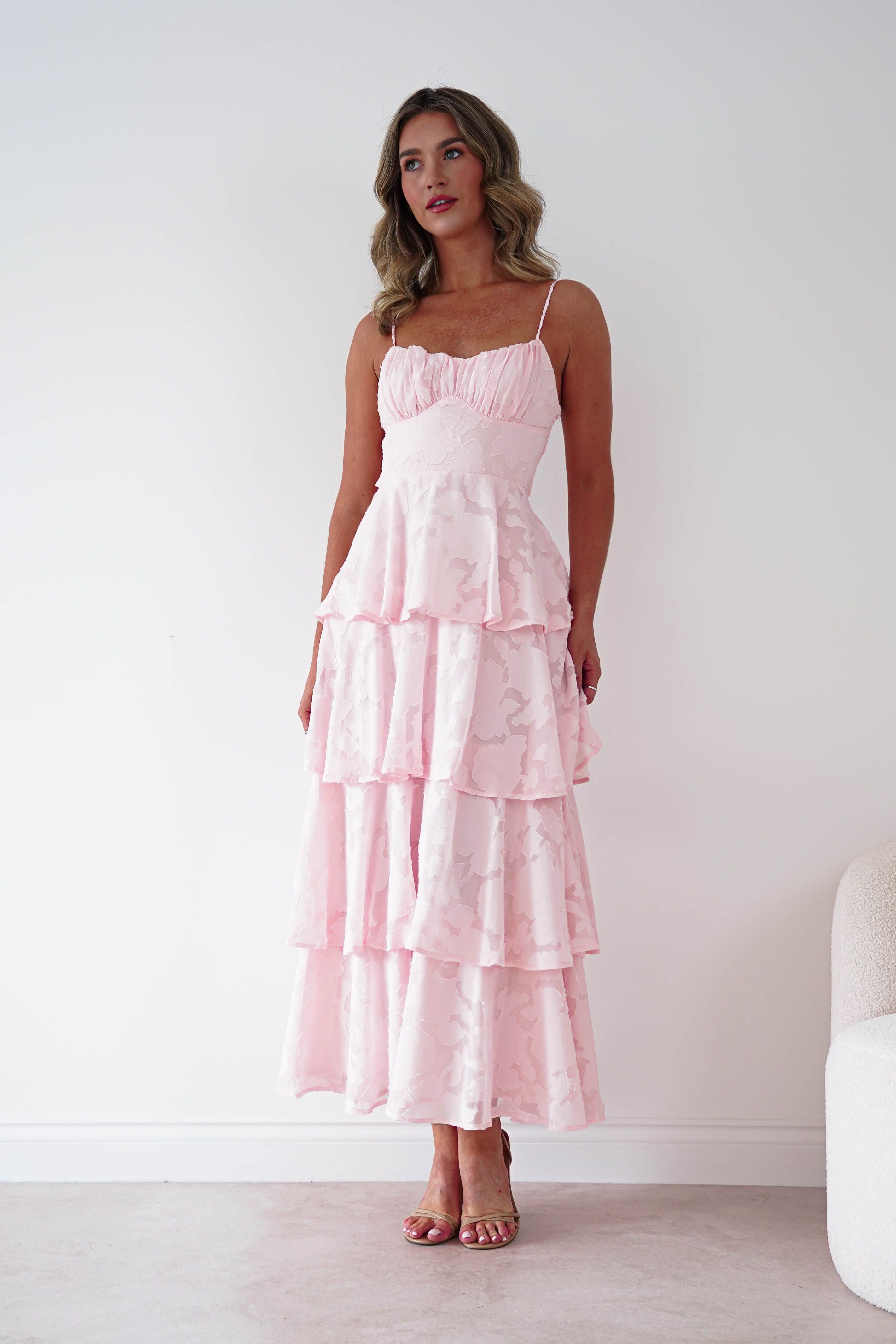 Oh Hello Clothing Women > Clothing > Dresses 1*DONE-SHAREEN COLLECTION-Blush Floral Jacquard Tiered Midi Dress