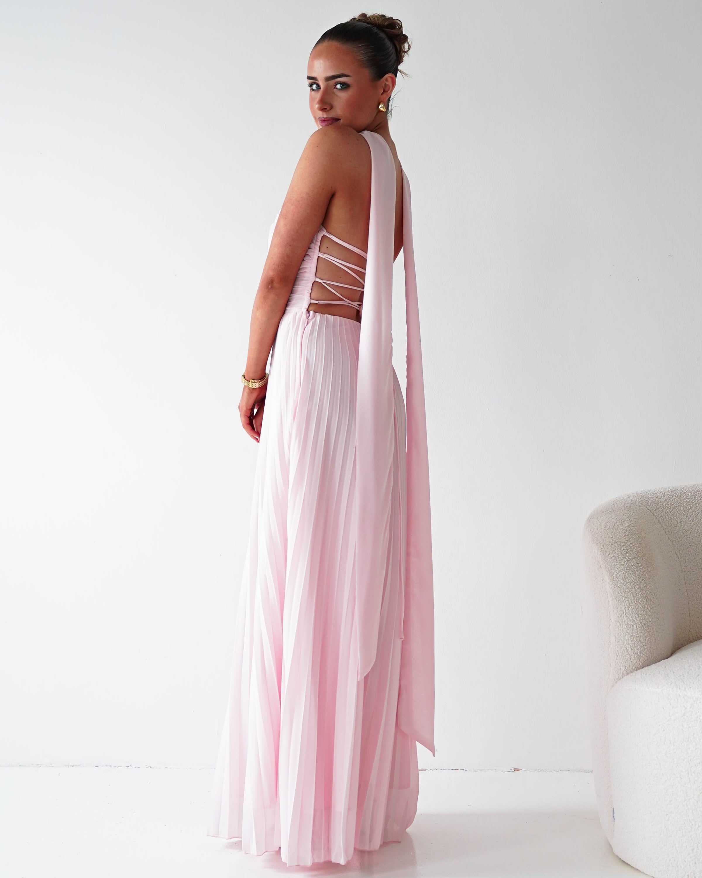 Oh Hello Clothing Women > Clothing > Dresses 1*DONE- SHAREEN COLLECTION-Blush Pink Pleated Strapless Maxi Dress with Scarf-MD08889-2