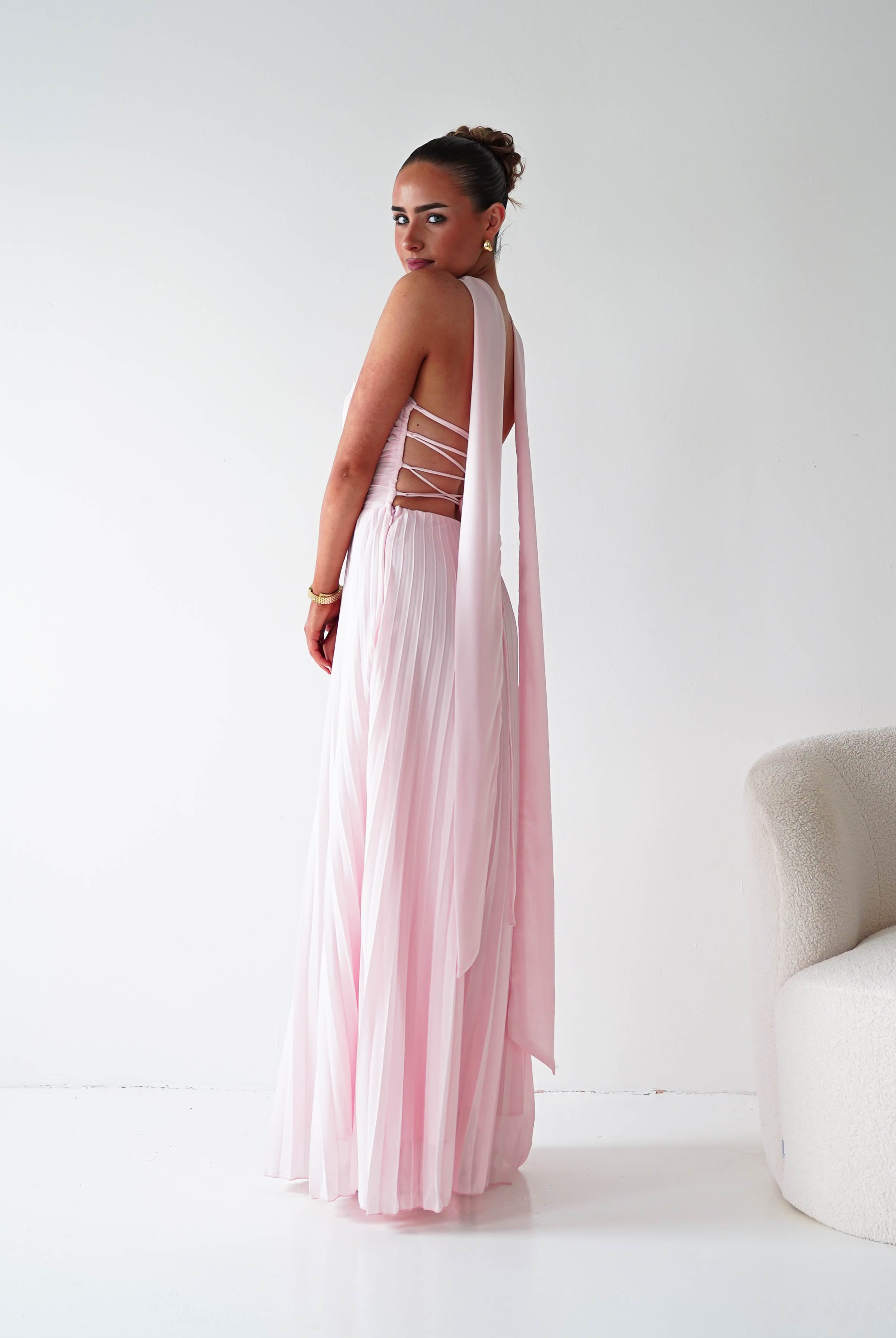 Oh Hello Clothing Women > Clothing > Dresses 1*DONE- SHAREEN COLLECTION-Blush Pink Pleated Strapless Maxi Dress with Scarf-MD08889-2