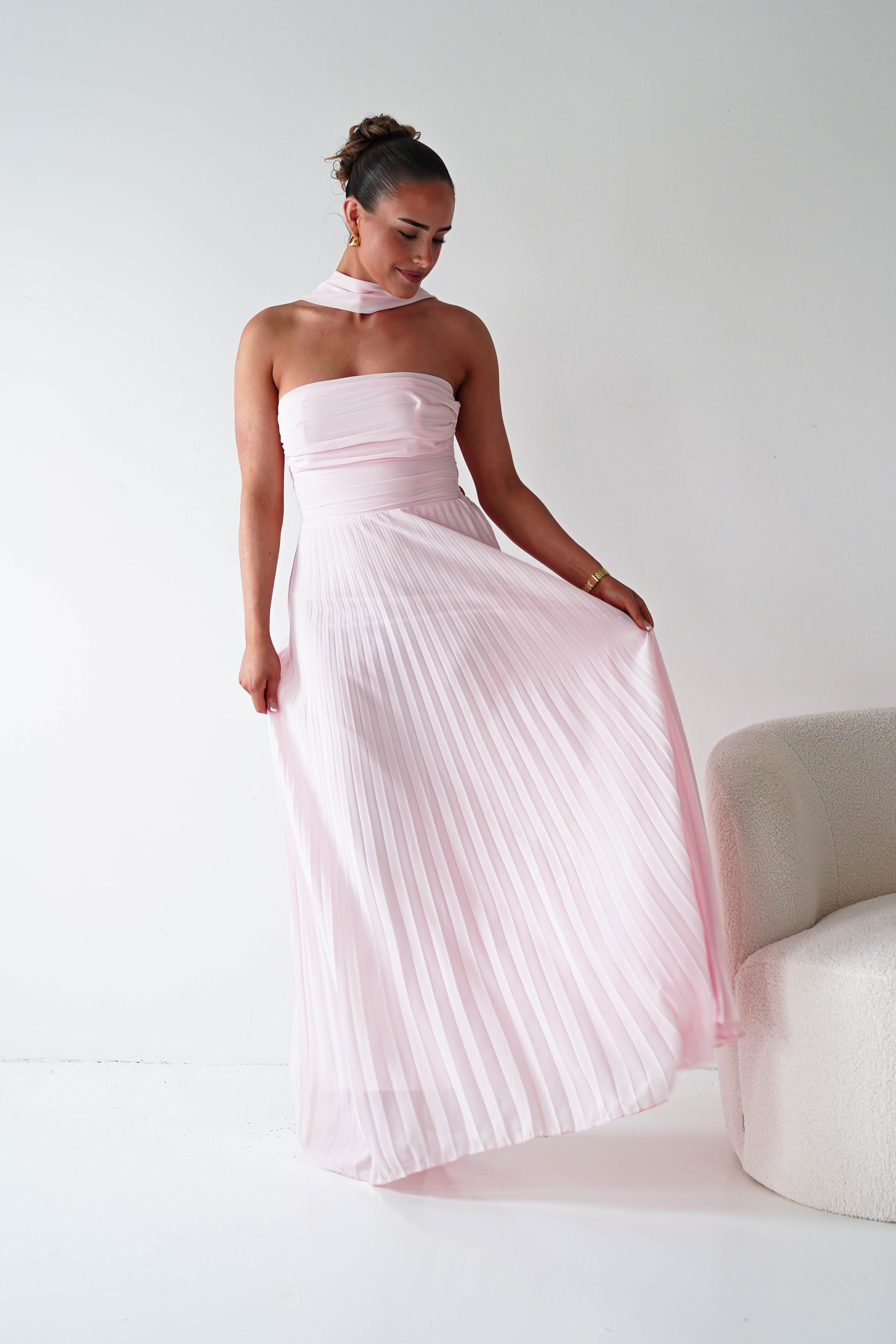 Oh Hello Clothing Women > Clothing > Dresses 1*DONE- SHAREEN COLLECTION-Blush Pink Pleated Strapless Maxi Dress with Scarf-MD08889-2