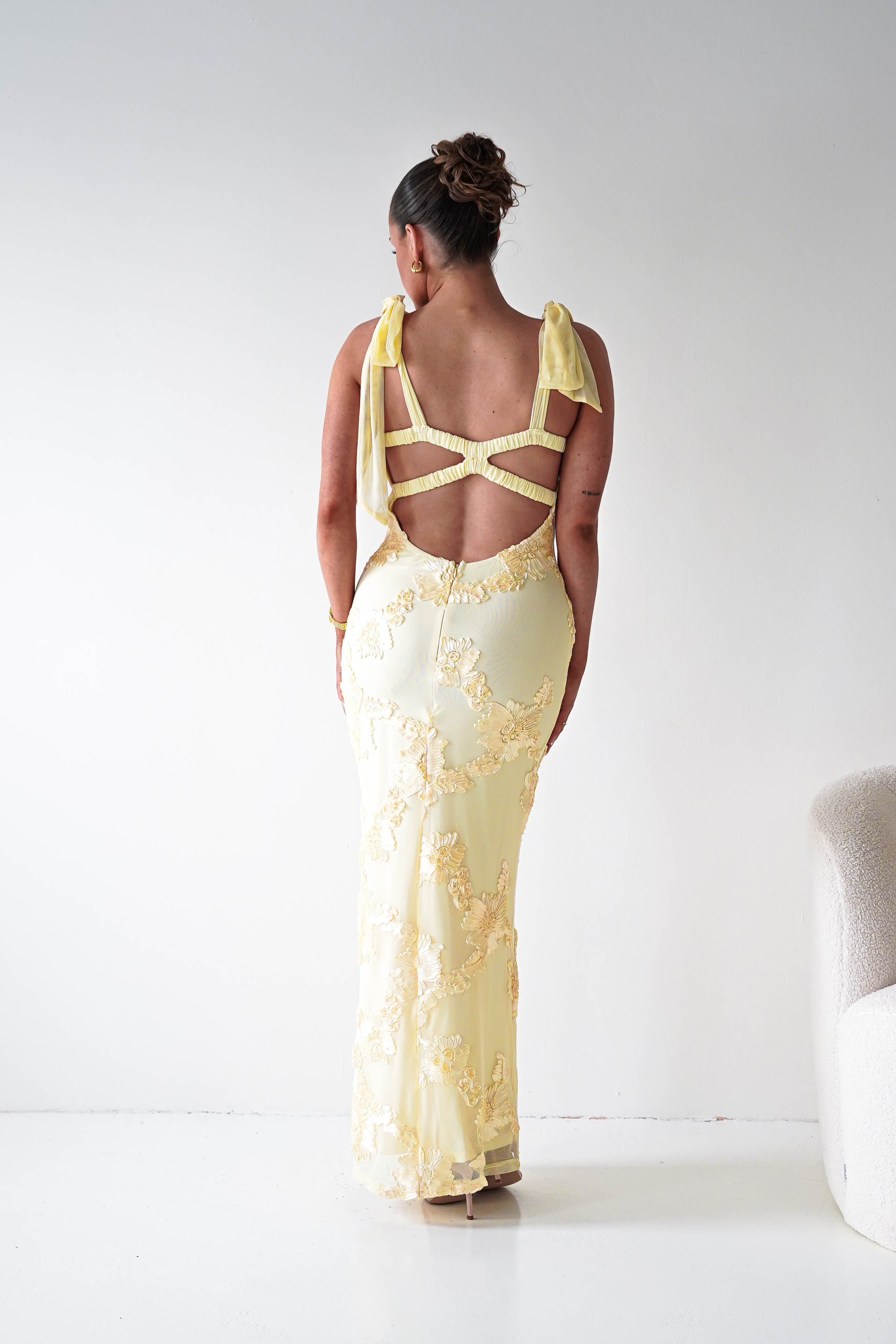 Oh Hello Clothing Women > Clothing > Dresses 1*DONE- SHAREEN COLLECTION-Butter Yellow Floral Appliqué Midi Dress -MD10126