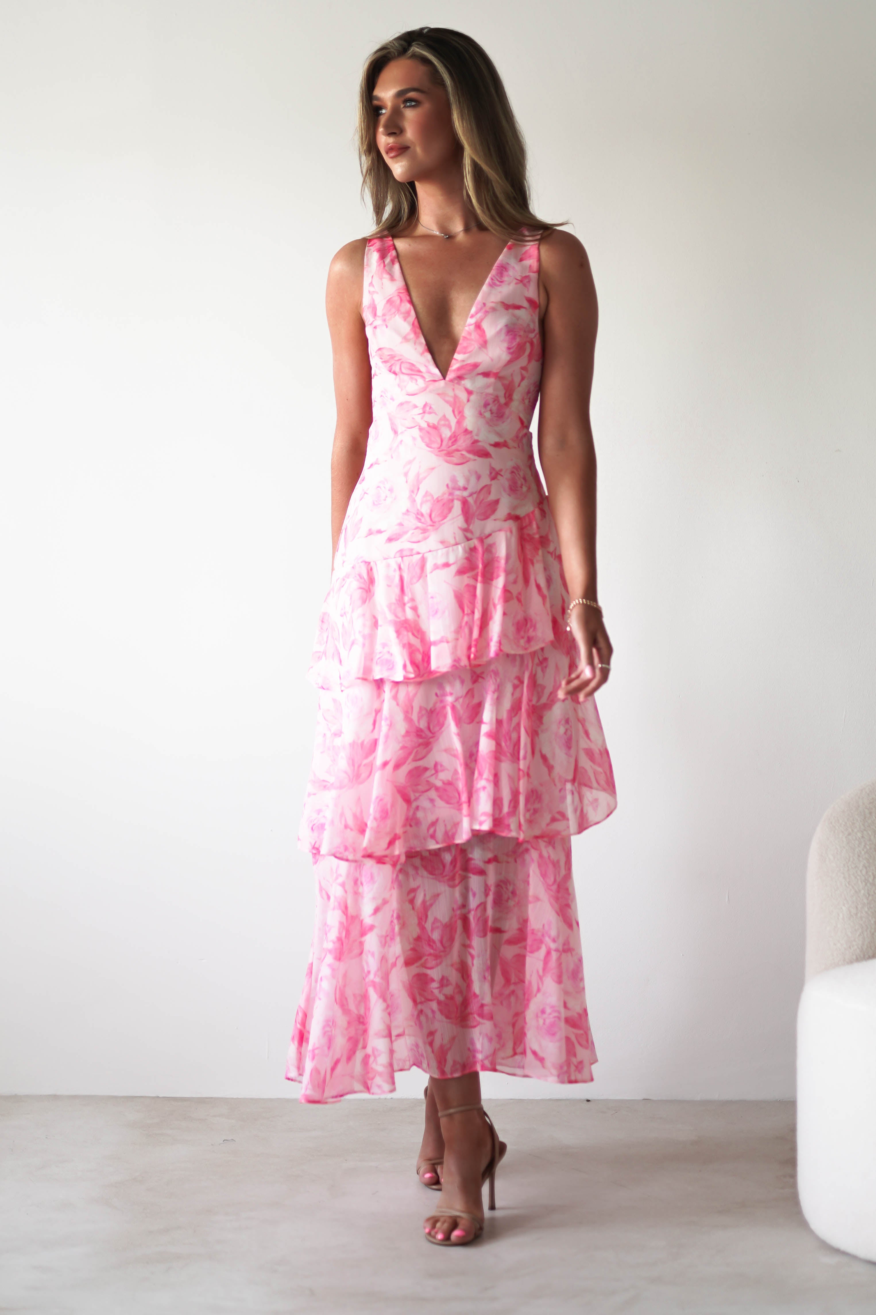 Quincy Floral Ruffle Maxi Dress Pink Print | Wedding Guest Dress | Maxi | Oh Hello Clothing