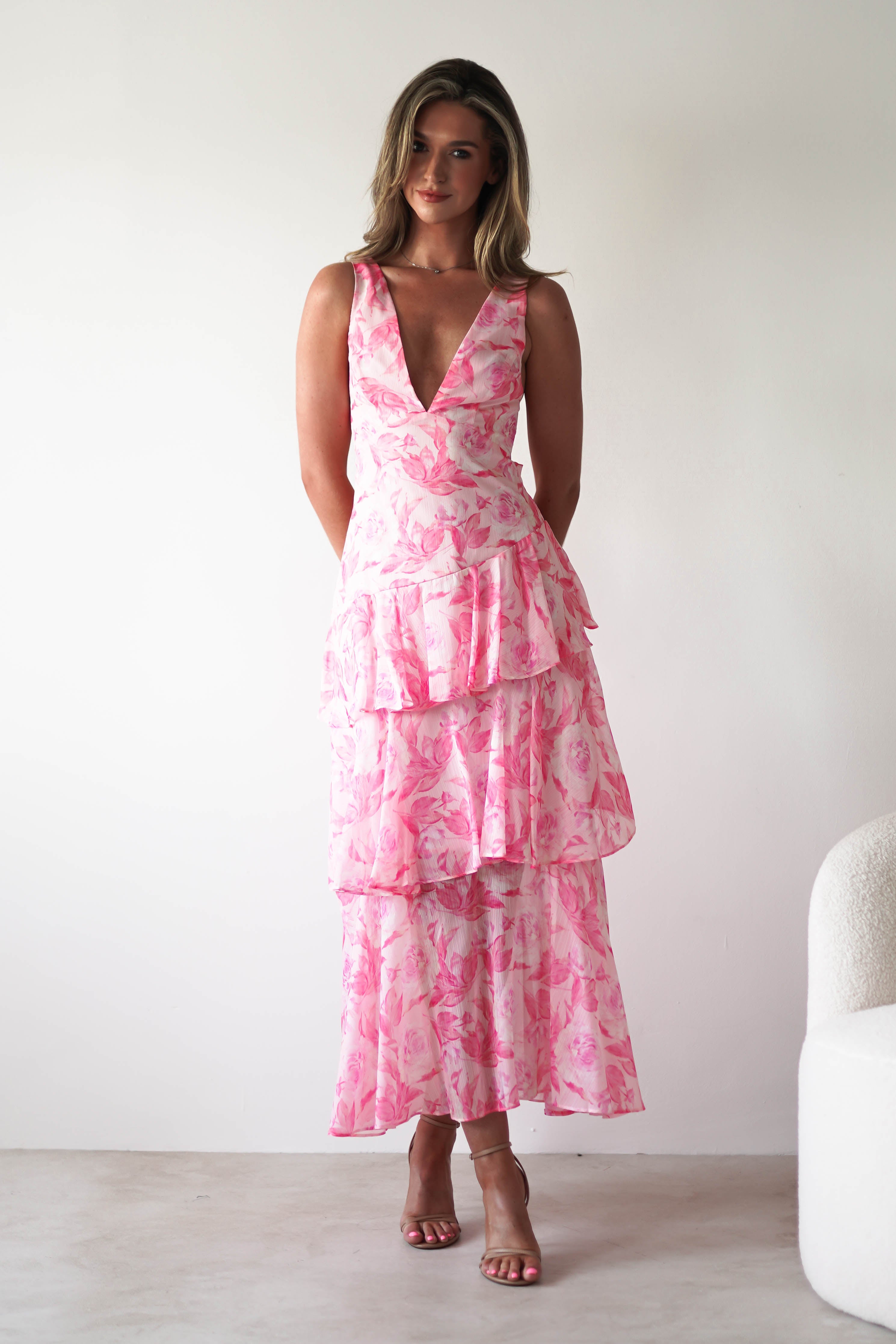 Quincy Floral Ruffle Maxi Dress Pink Print | Wedding Guest Dress | Maxi | Oh Hello Clothing