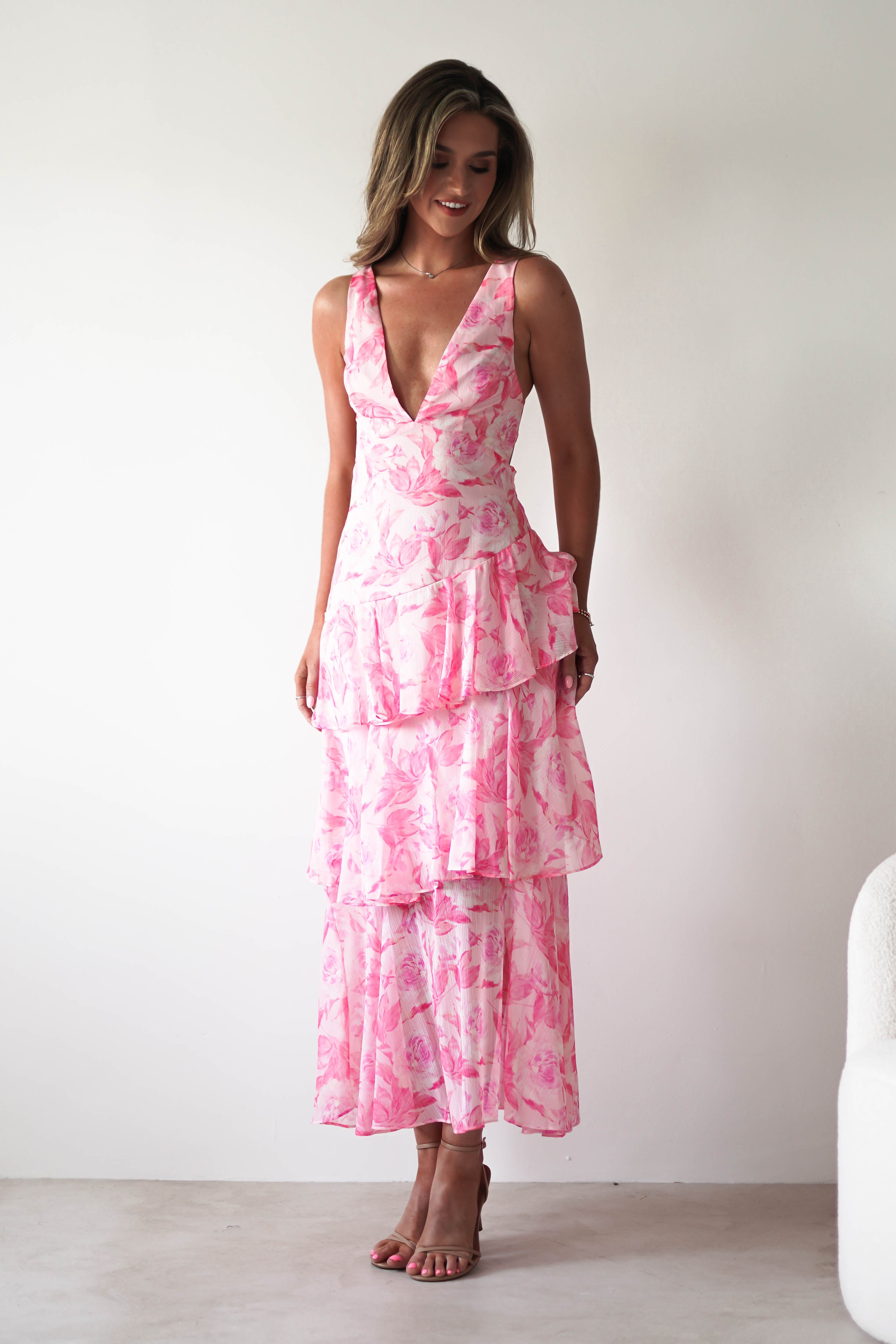 Quincy Floral Ruffle Maxi Dress Pink Print | Wedding Guest Dress | Maxi | Oh Hello Clothing
