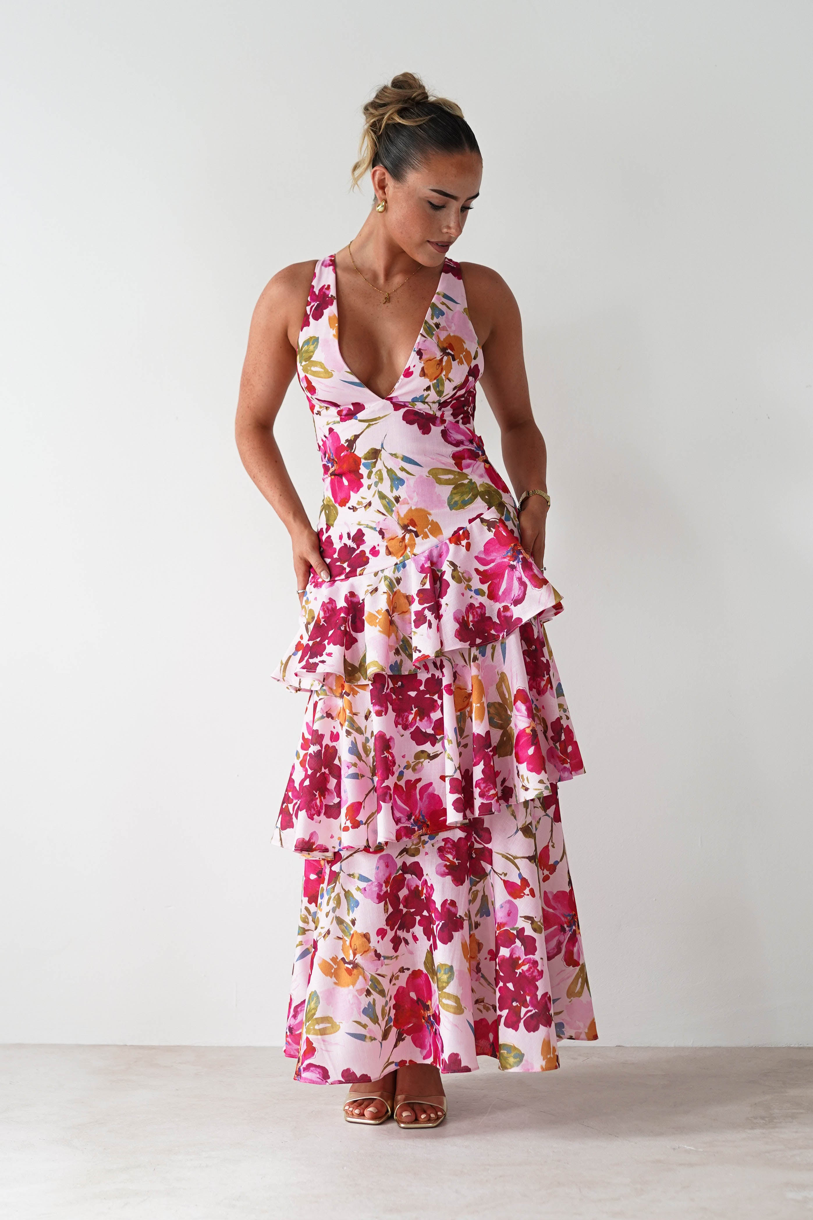 Katrina Floral Print Cotton Ruffle Maxi Dress Pink | Wedding Guest Dress | Maxi | Oh Hello Clothing