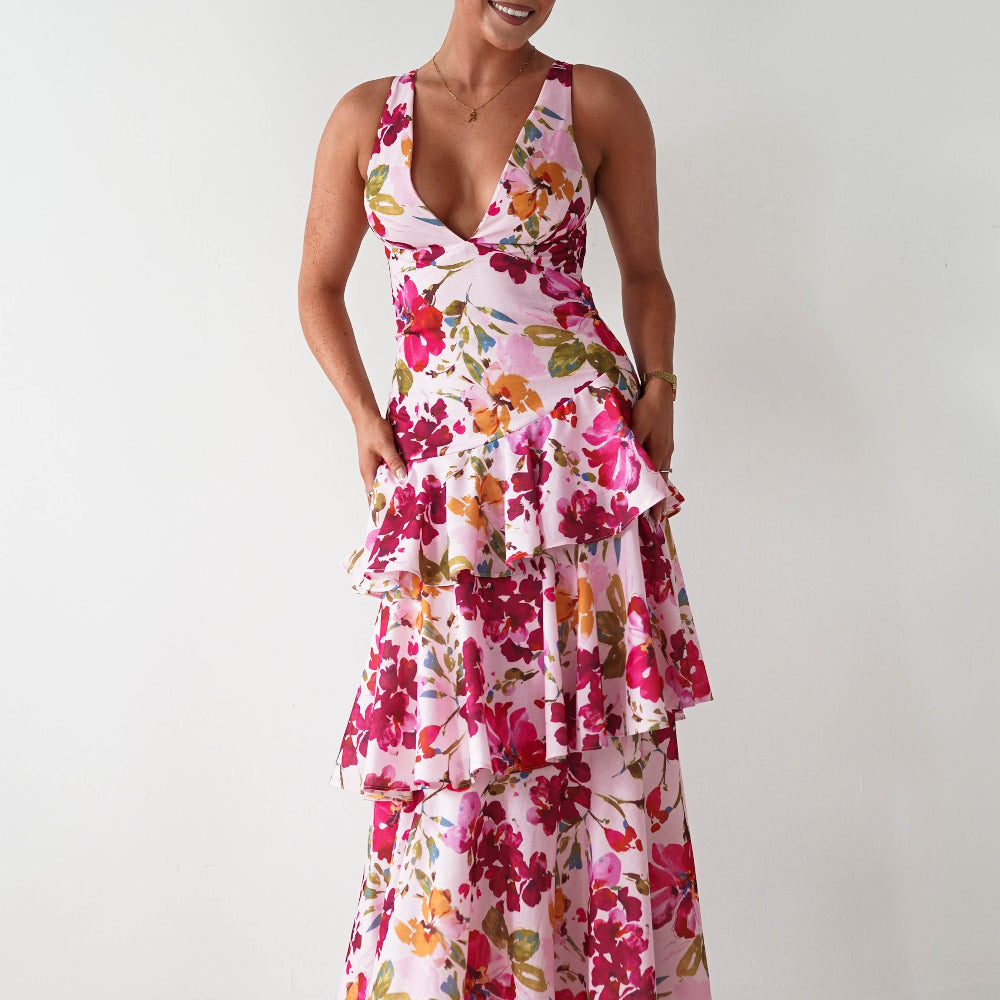 Katrina Floral Print Cotton Ruffle Maxi Dress Pink | Wedding Guest Dress | Maxi | Oh Hello Clothing