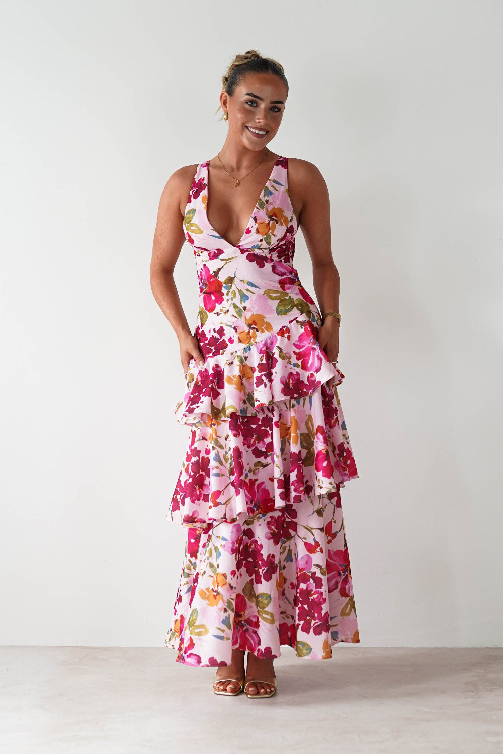 Katrina Floral Print Cotton Ruffle Maxi Dress Pink | Wedding Guest Dress | Maxi | Oh Hello Clothing