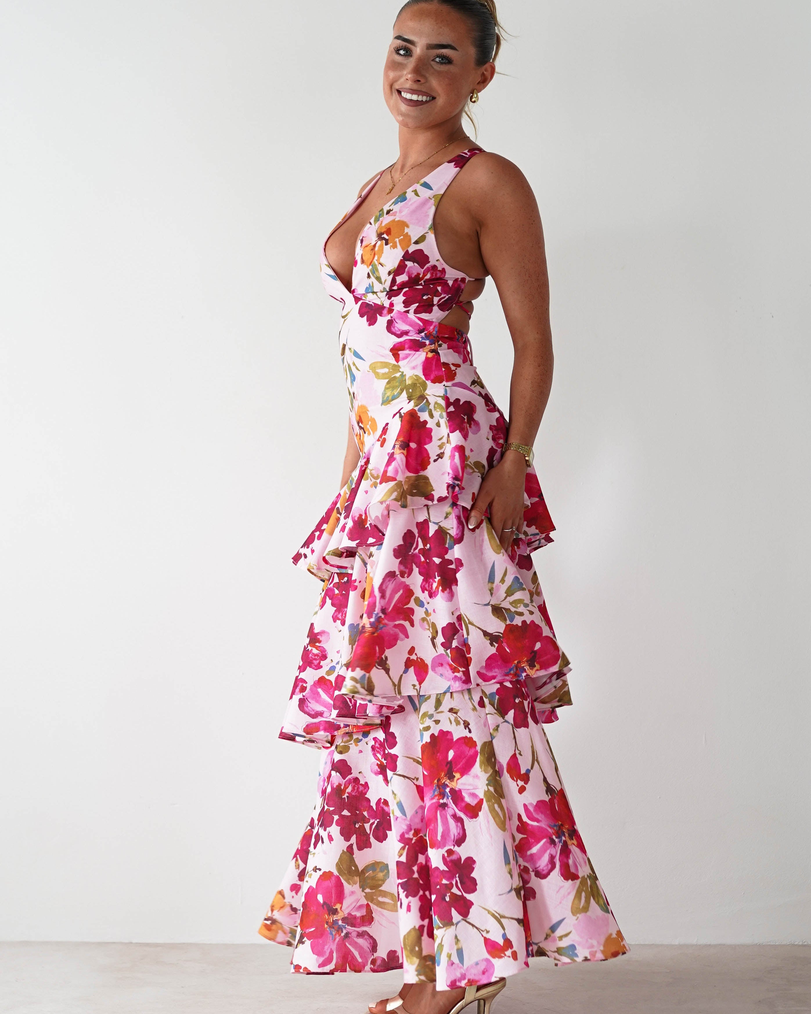 Katrina Floral Print Cotton Ruffle Maxi Dress Pink | Wedding Guest Dress | Maxi | Oh Hello Clothing