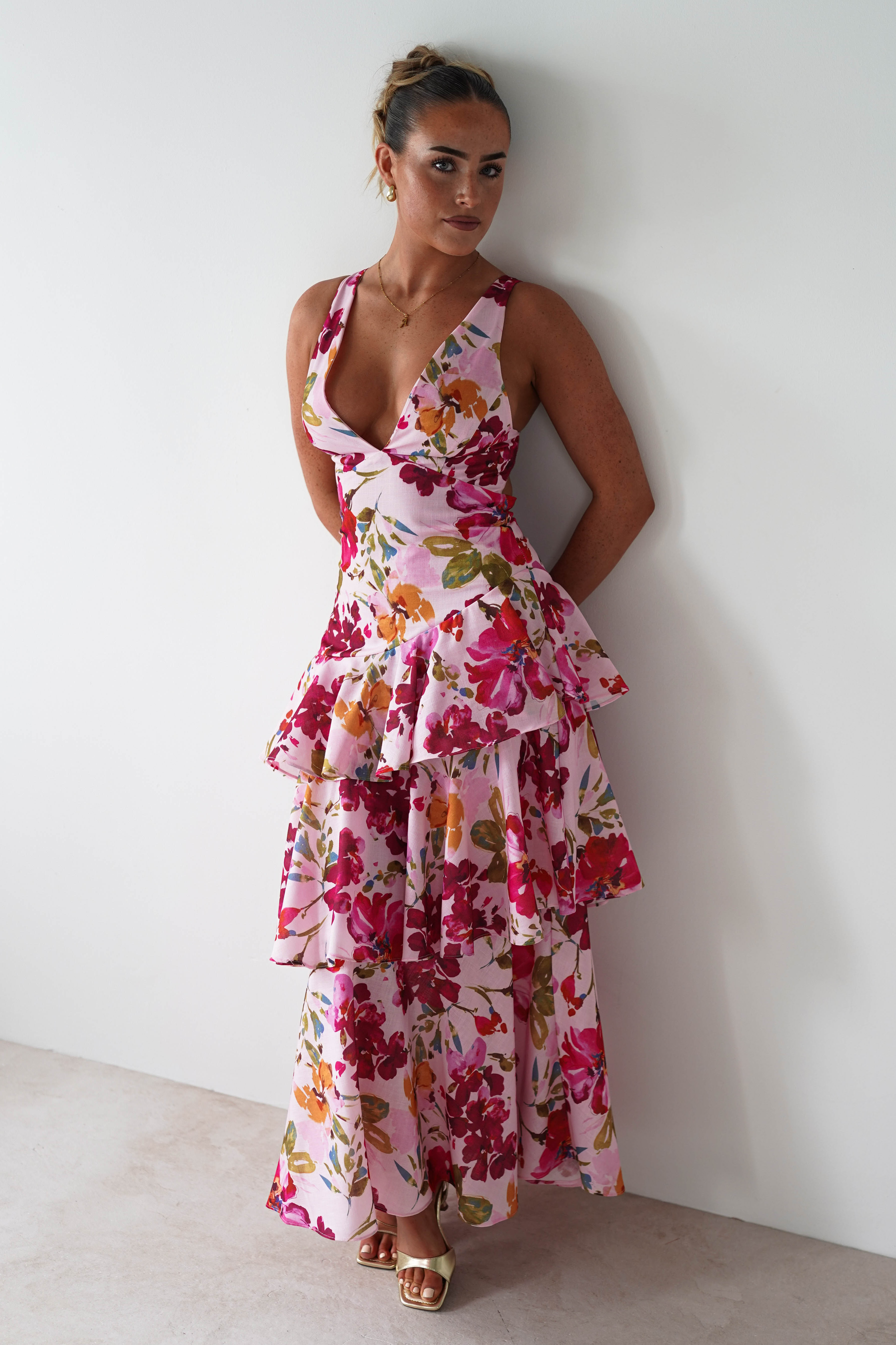 Katrina Floral Print Cotton Ruffle Maxi Dress Pink | Wedding Guest Dress | Maxi | Oh Hello Clothing