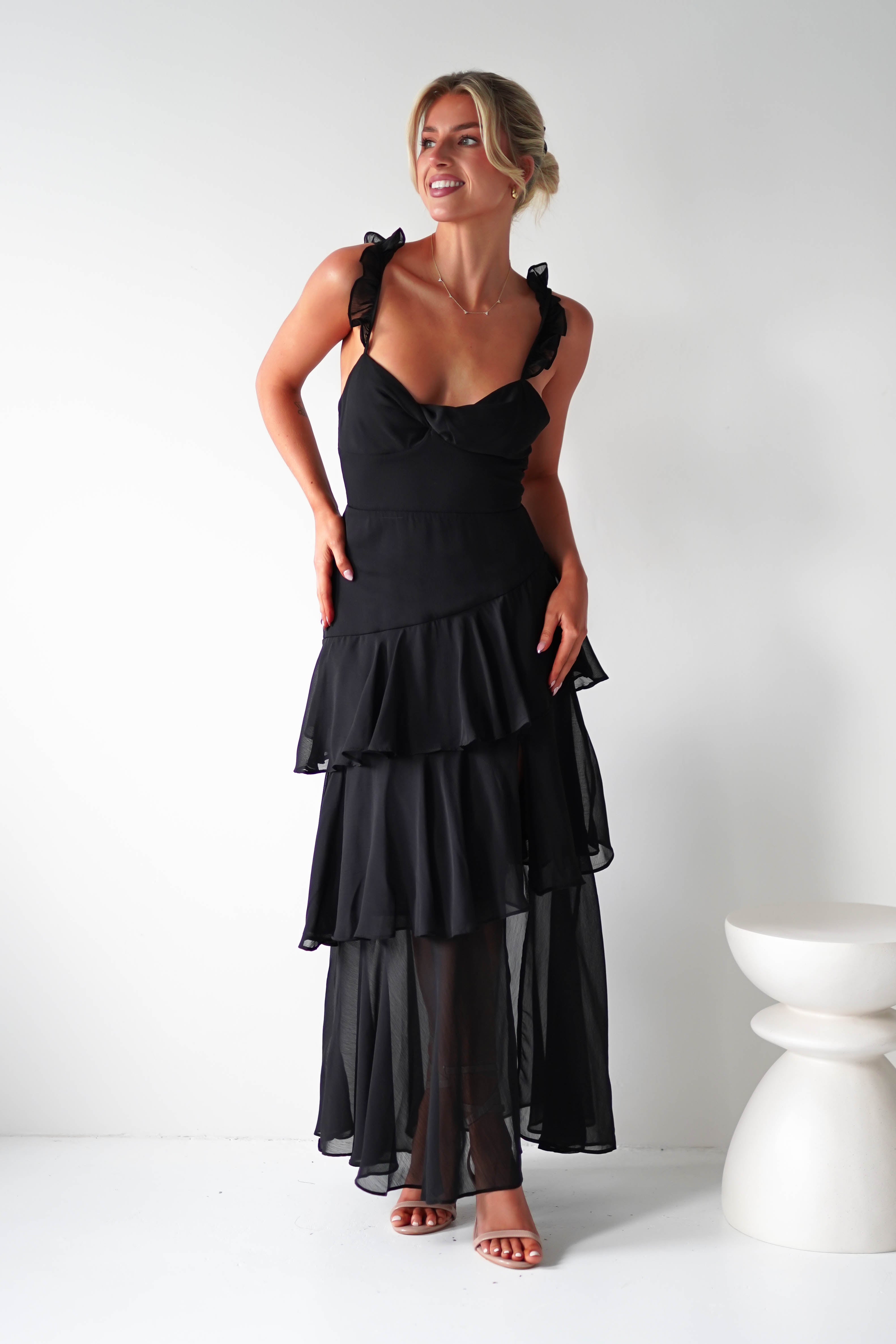 Victoria Ruffle Midaxi Dress Black | Wedding Guest Dress | Oh Hello Clothing