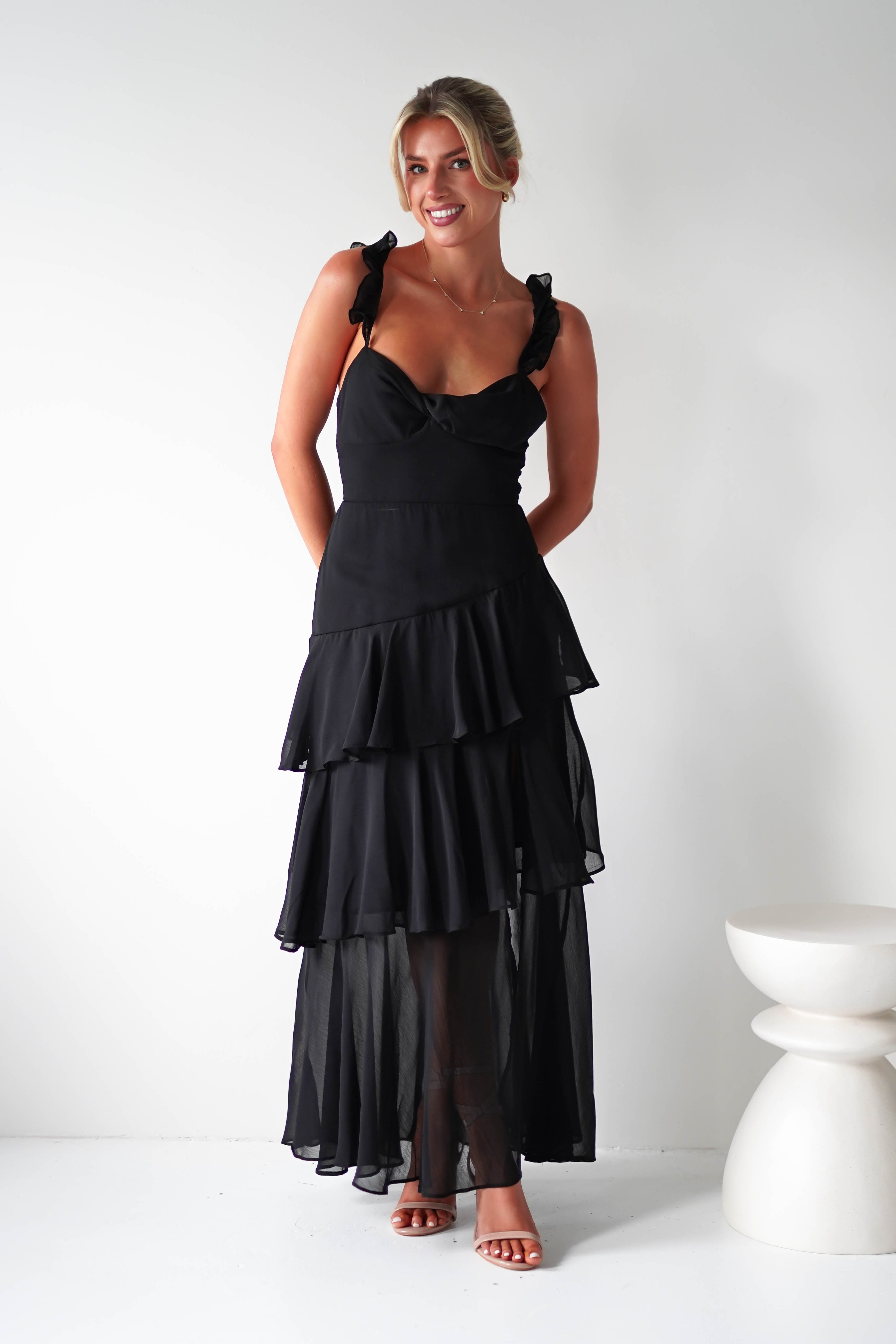 Victoria Ruffle Midaxi Dress Black | Wedding Guest Dress | Oh Hello Clothing