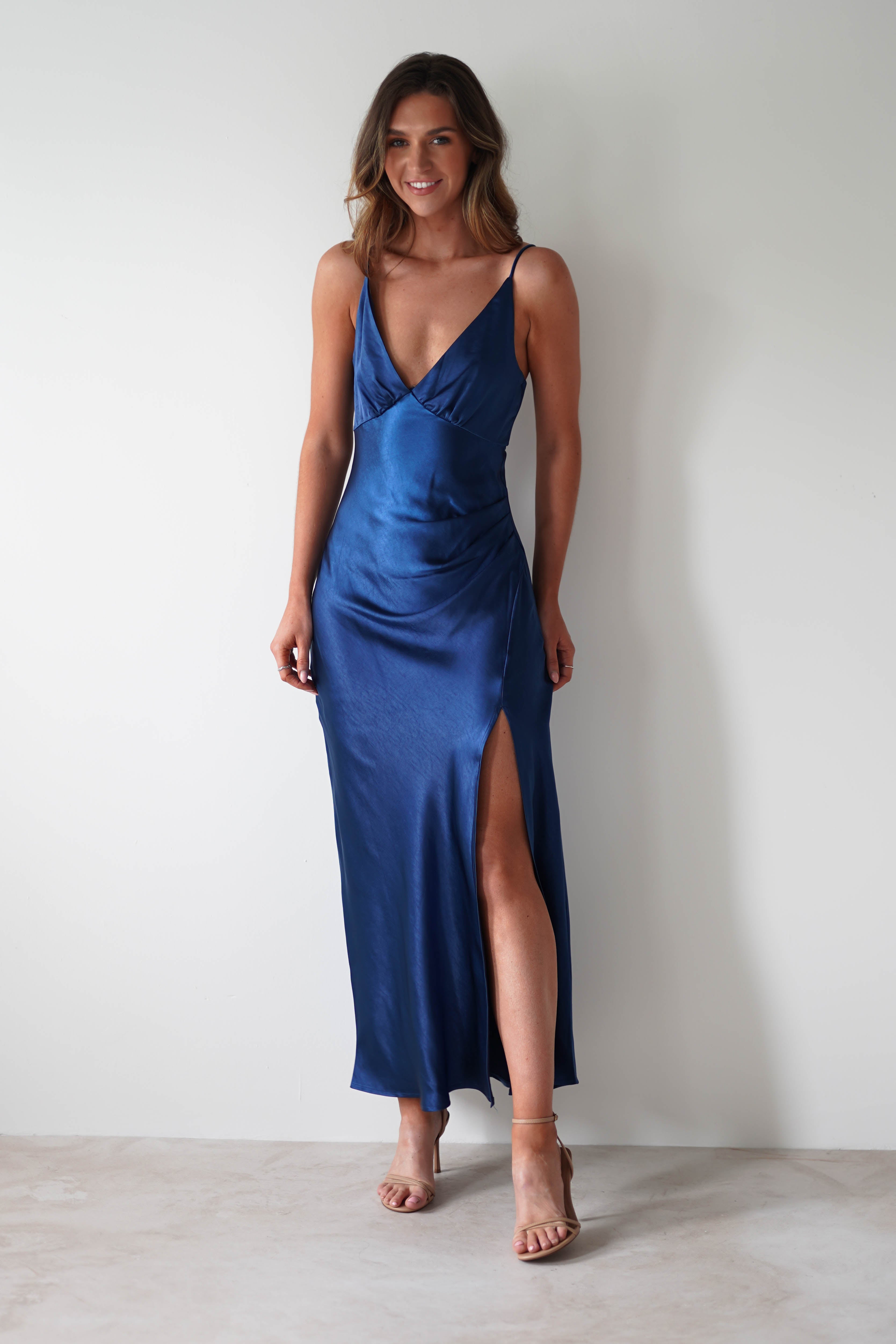 Pareesa Soft Satin Maxi Dress Navy | Wedding Guest Dress | Maxi | Satin | Oh Hello Clothing