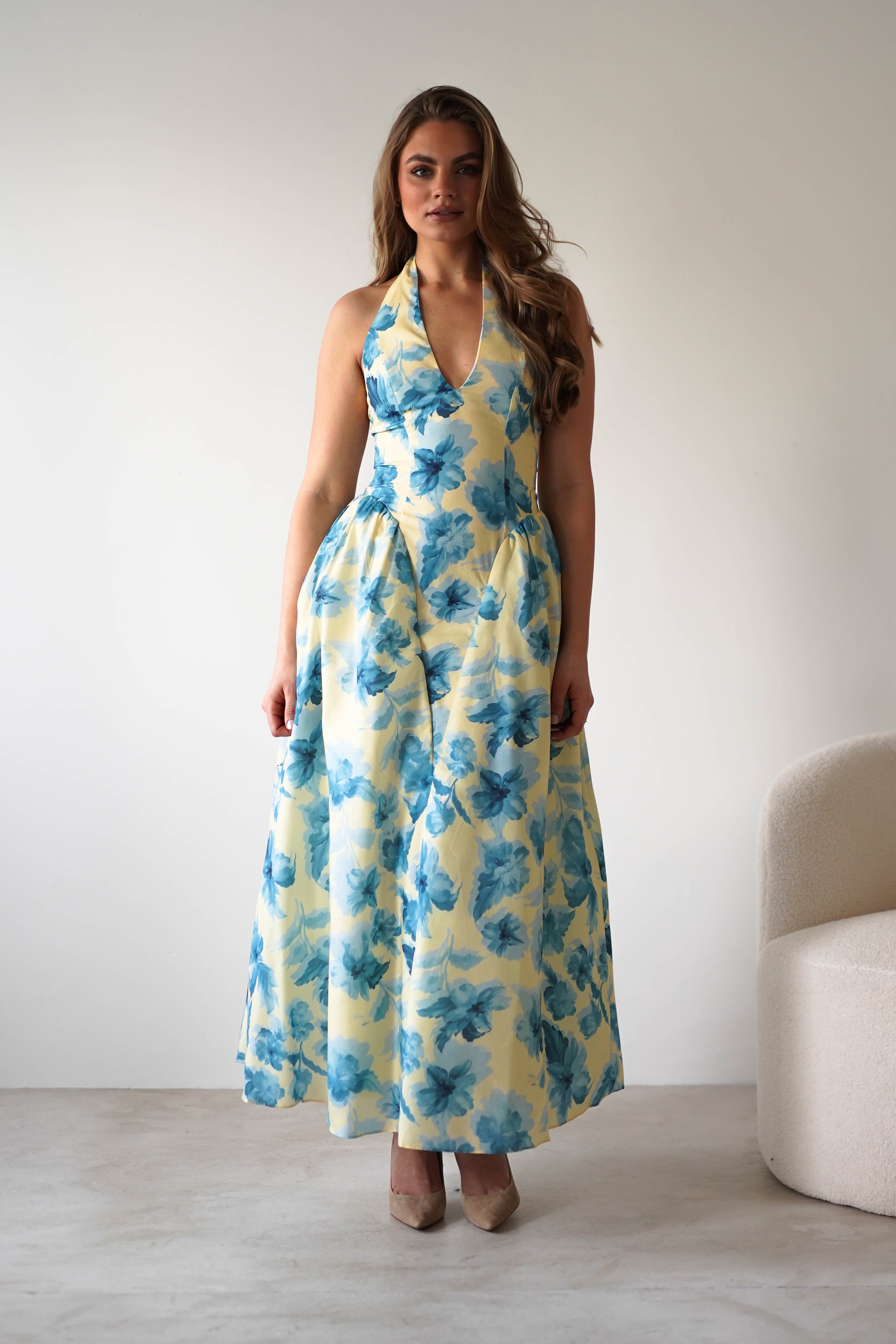 Sabine Floral Bodied Maxi Dress Yellow/Blue | Wedding Guest Dress | Maxi | Oh Hello Clothing
