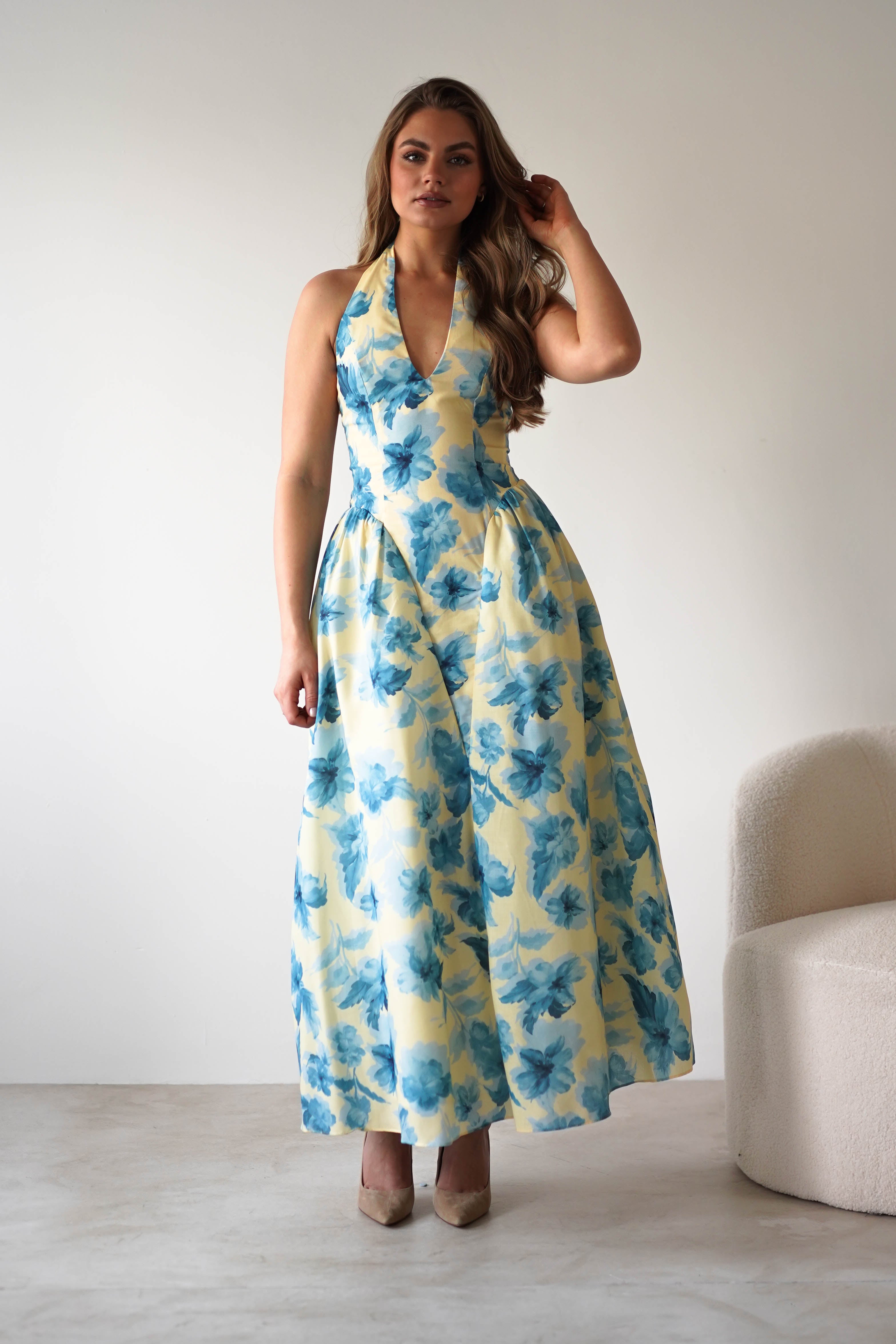 Sabine Floral Bodied Maxi Dress Yellow/Blue | Wedding Guest Dress | Maxi | Oh Hello Clothing