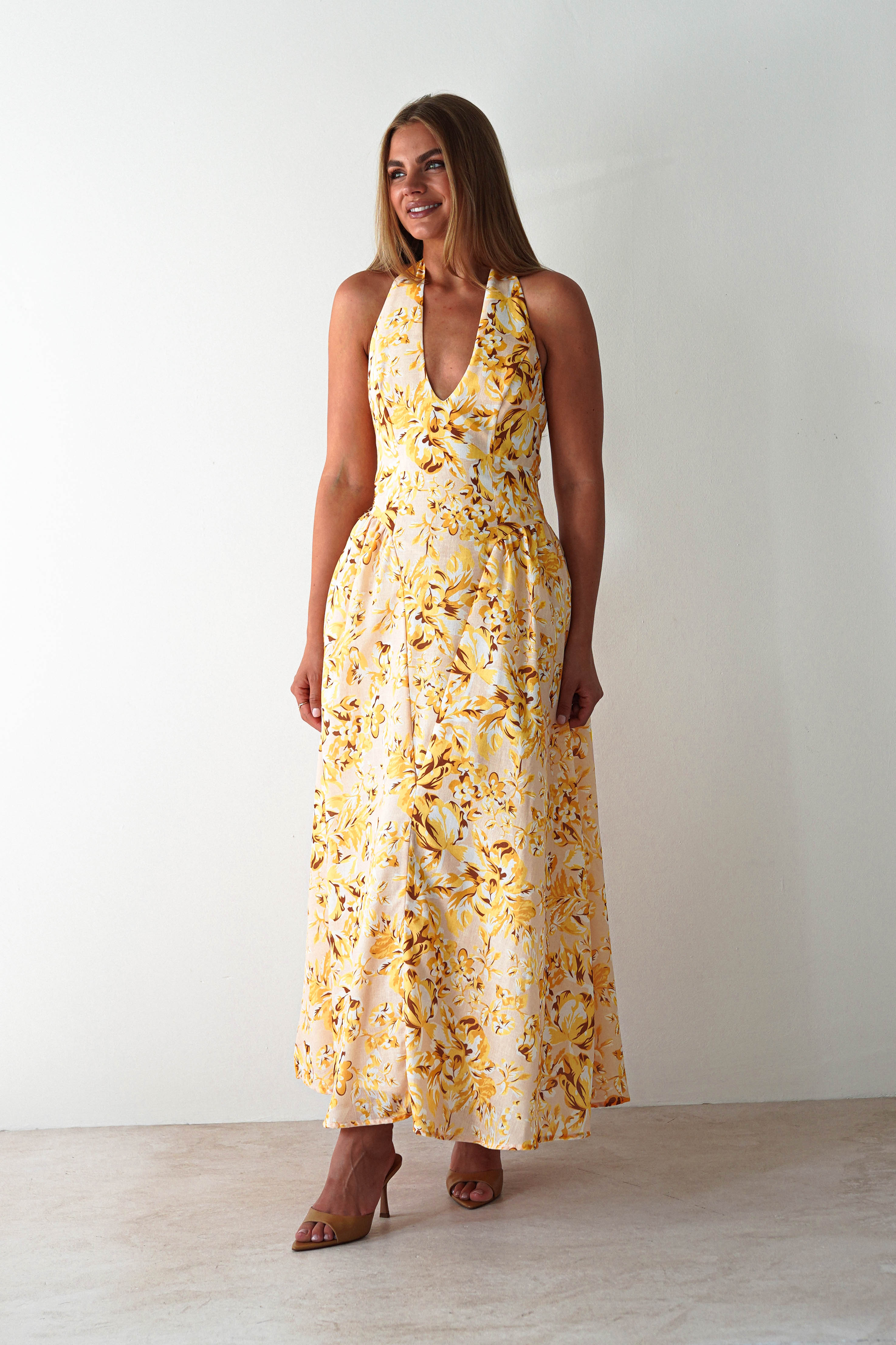 Mina Halterneck Floral Skater Maxi Dress Yellow | Wedding Guest Dress | Halter Neck | Maxi | Oh Hello Clothing