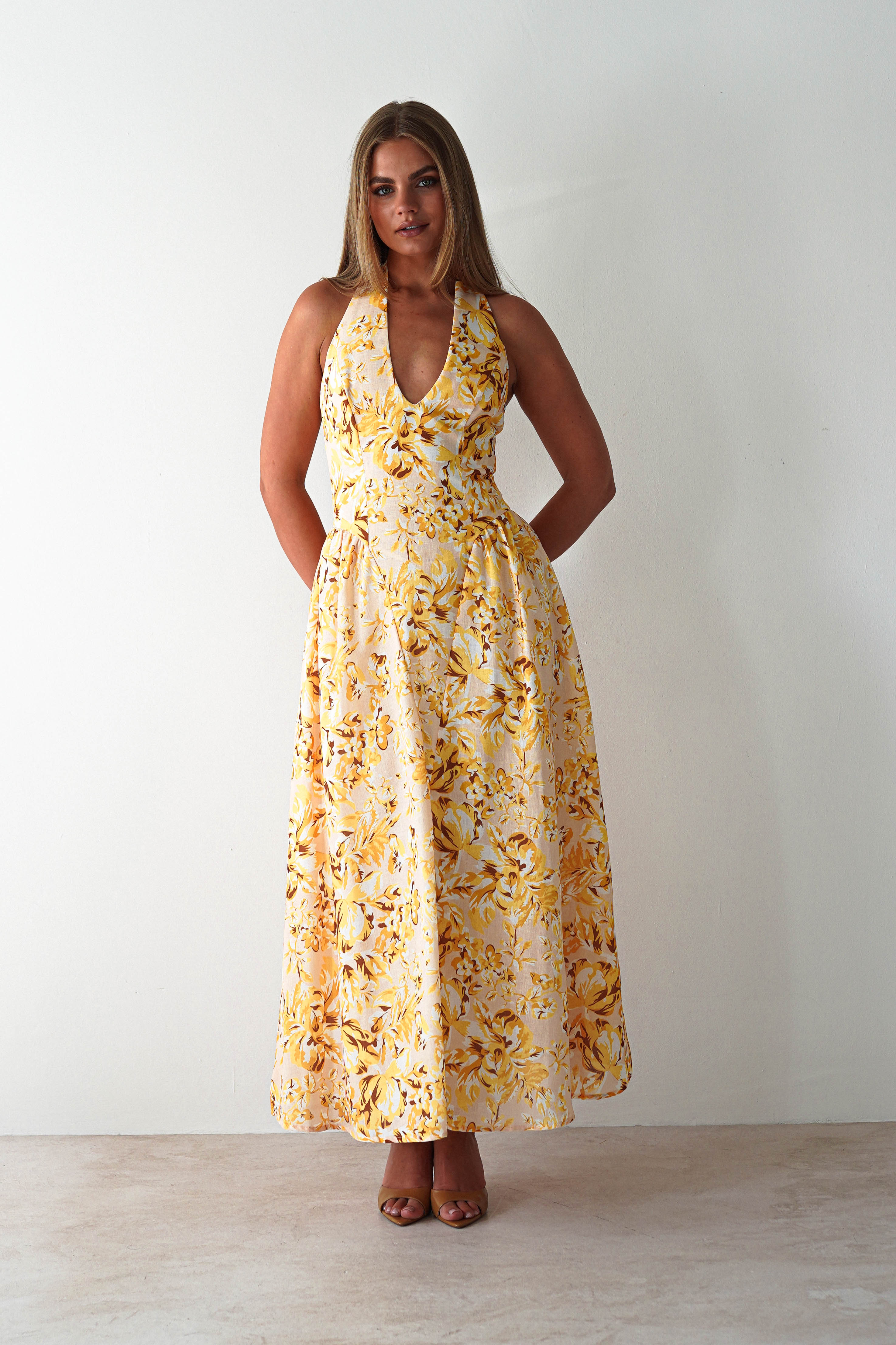Mina Halterneck Floral Skater Maxi Dress Yellow | Wedding Guest Dress | Halter Neck | Maxi | Oh Hello Clothing