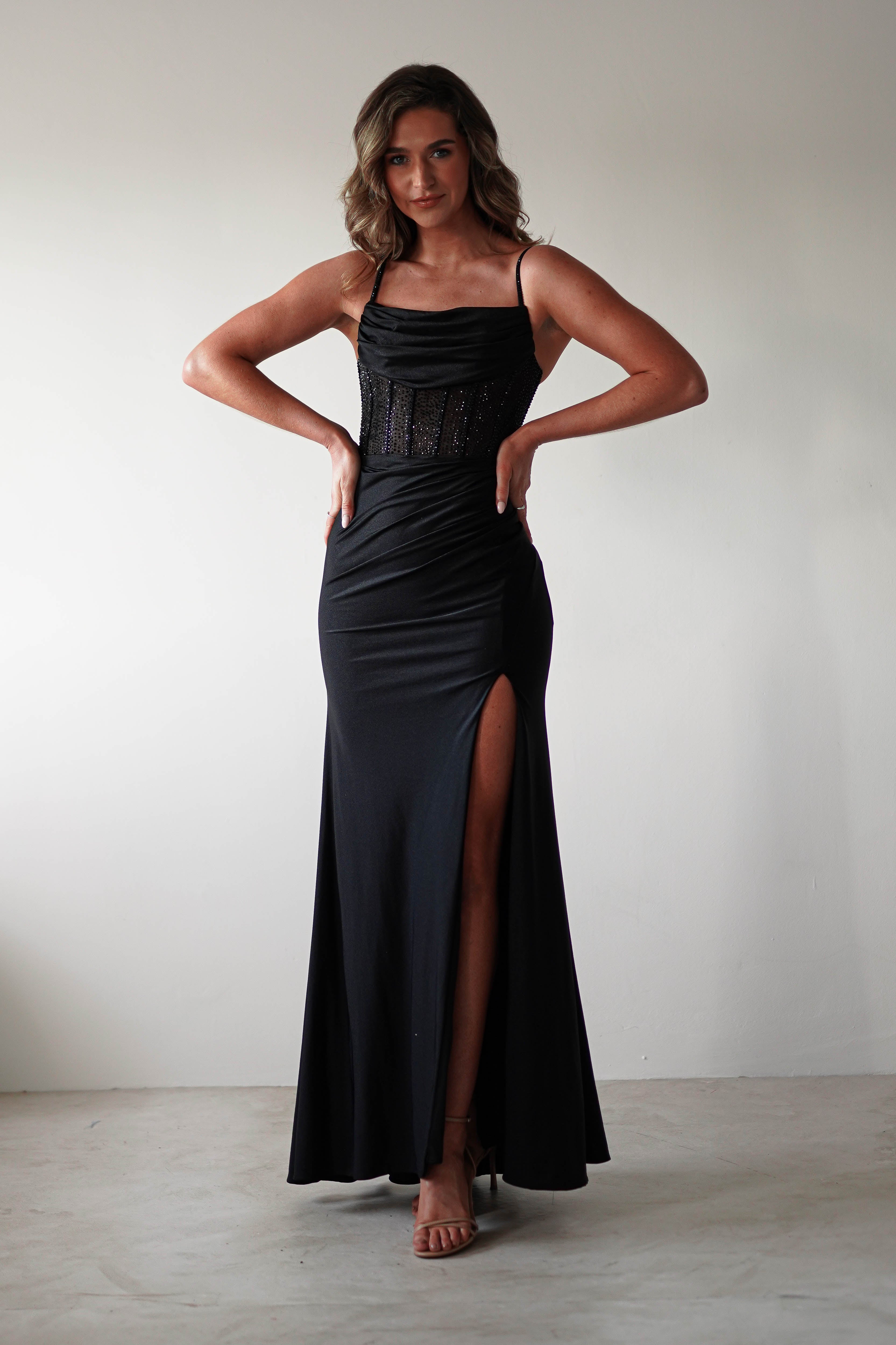 Stefani Rhinestone Bodice Gown | Black | Debs & Prom | Formal Gown | Oh Hello Clothing