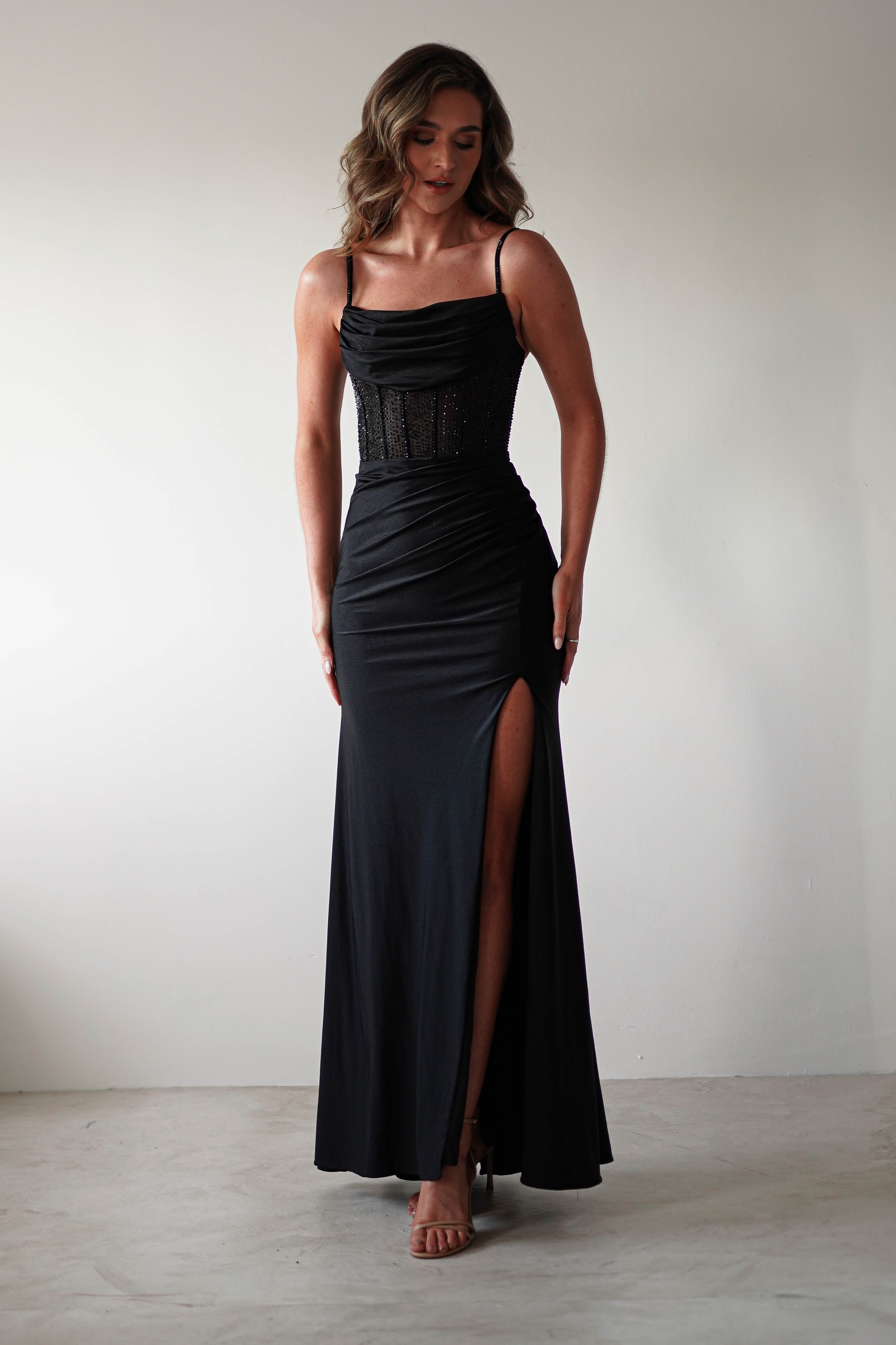 Stefani Rhinestone Bodice Gown | Black | Debs & Prom | Formal Gown | Oh Hello Clothing