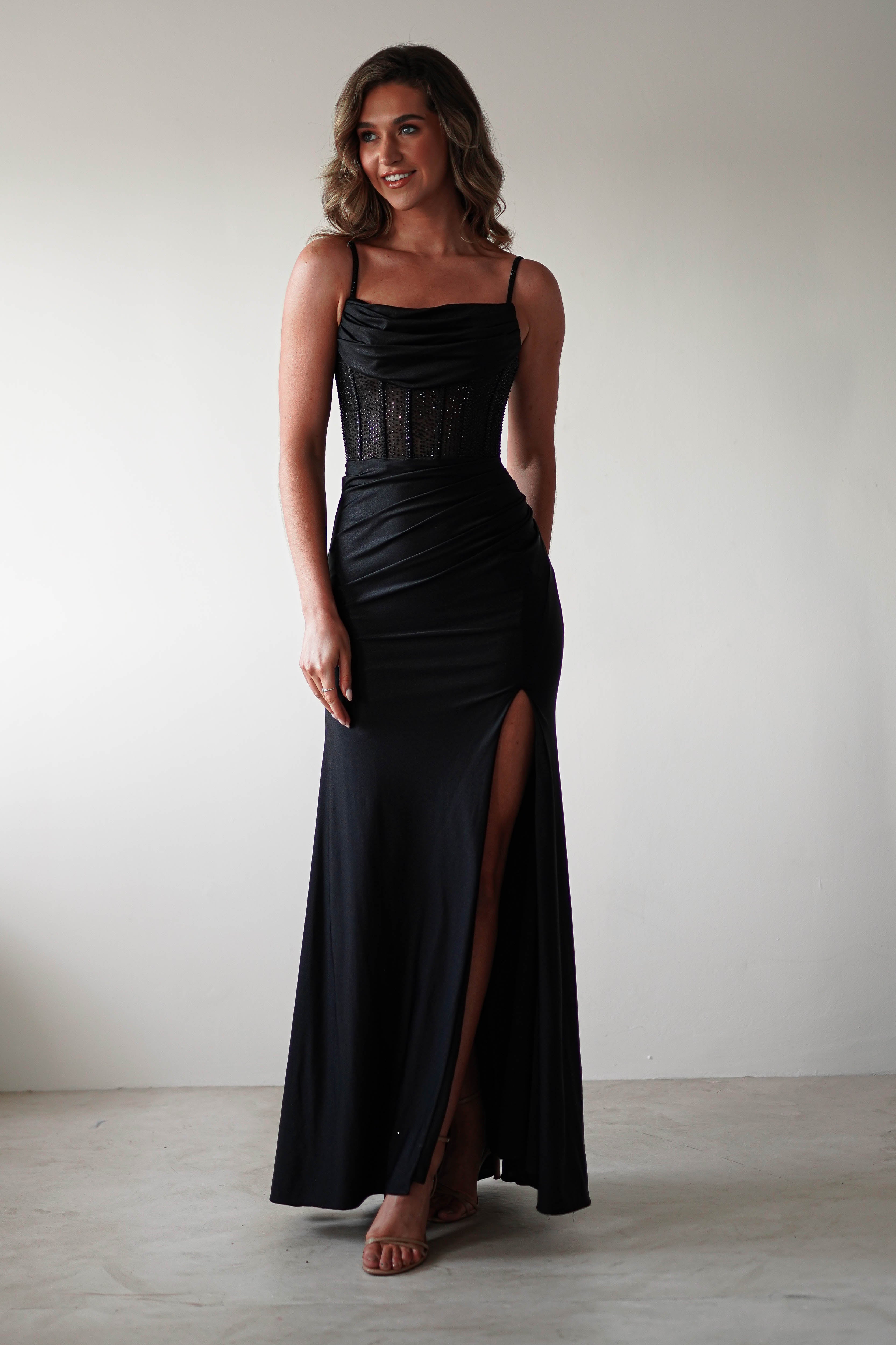 Stefani Rhinestone Bodice Gown | Black | Debs & Prom | Formal Gown | Oh Hello Clothing