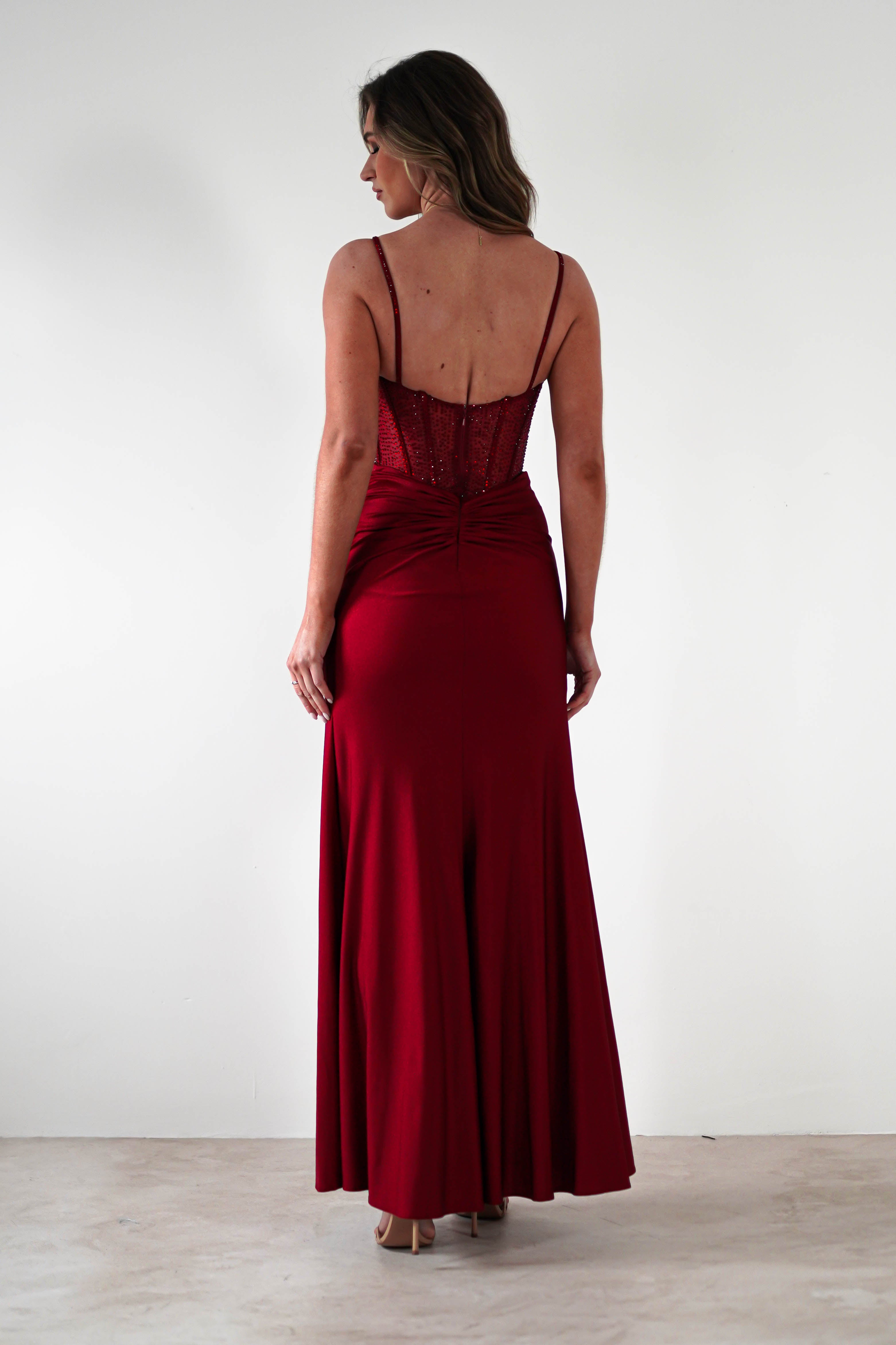 Stefani Rhinestone Bodice Gown | Burgundy | Debs & Prom | Formal Gown | Oh Hello Clothing