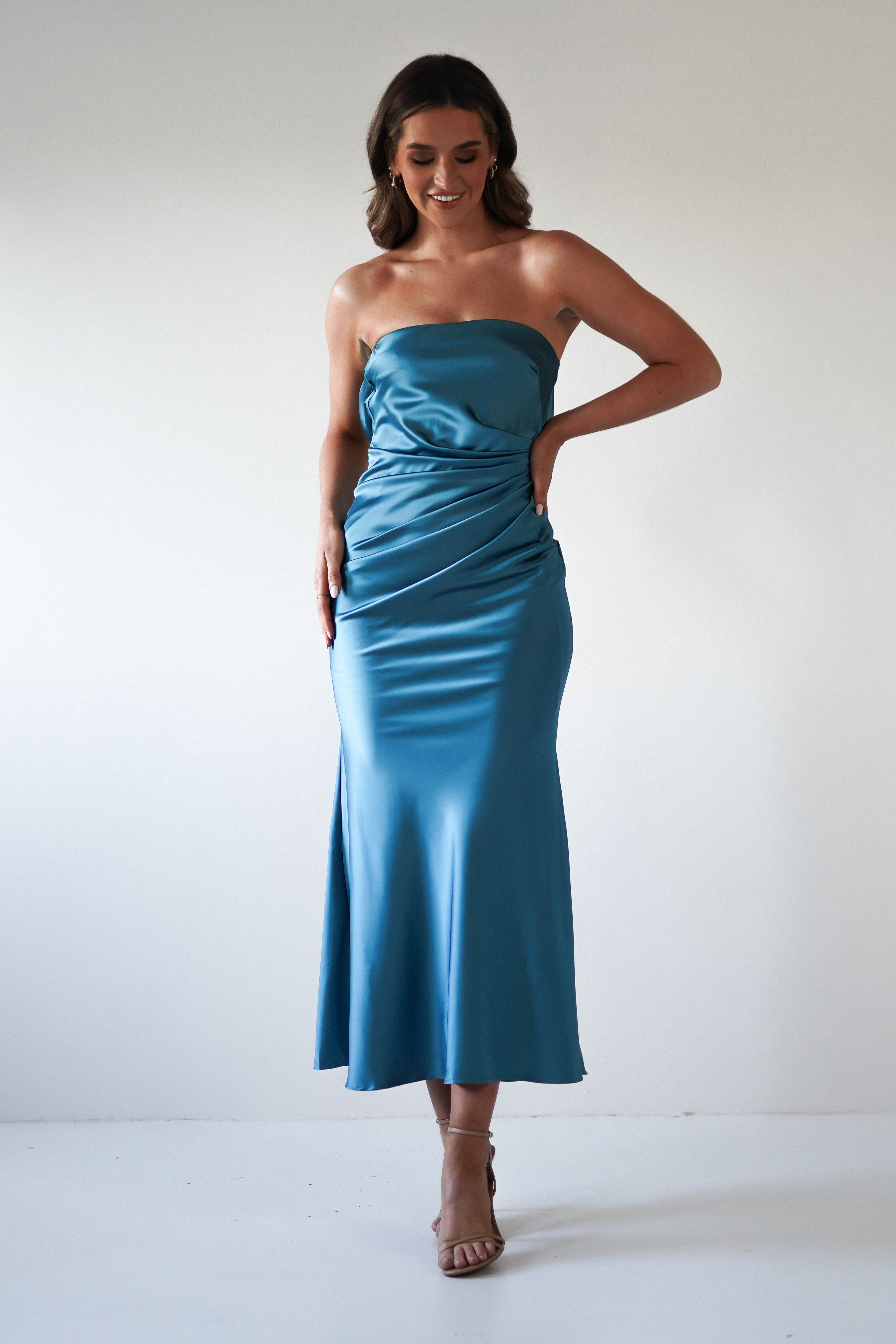 Allegra Robin Blue Gathered Midaxi Dress | Oh Hello Clothing | Oh Hello Clothing